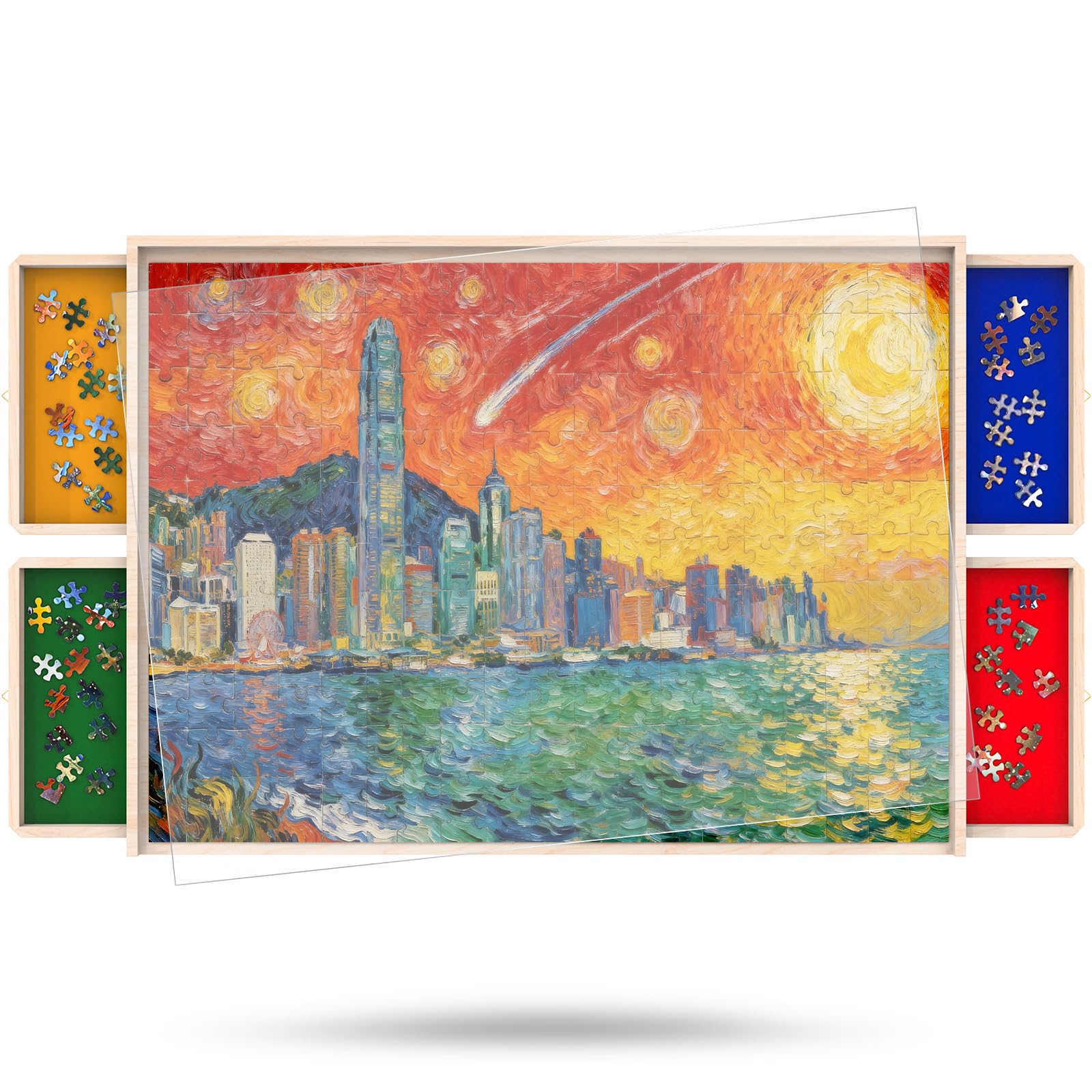 Puzzle Board with Drawers Rotatable 360-Degree Wheels and Cover 30" x 22" 1000 Piece Wooden Jigsaw Puzzle Table Storage Organizer Portable Lightweight Design