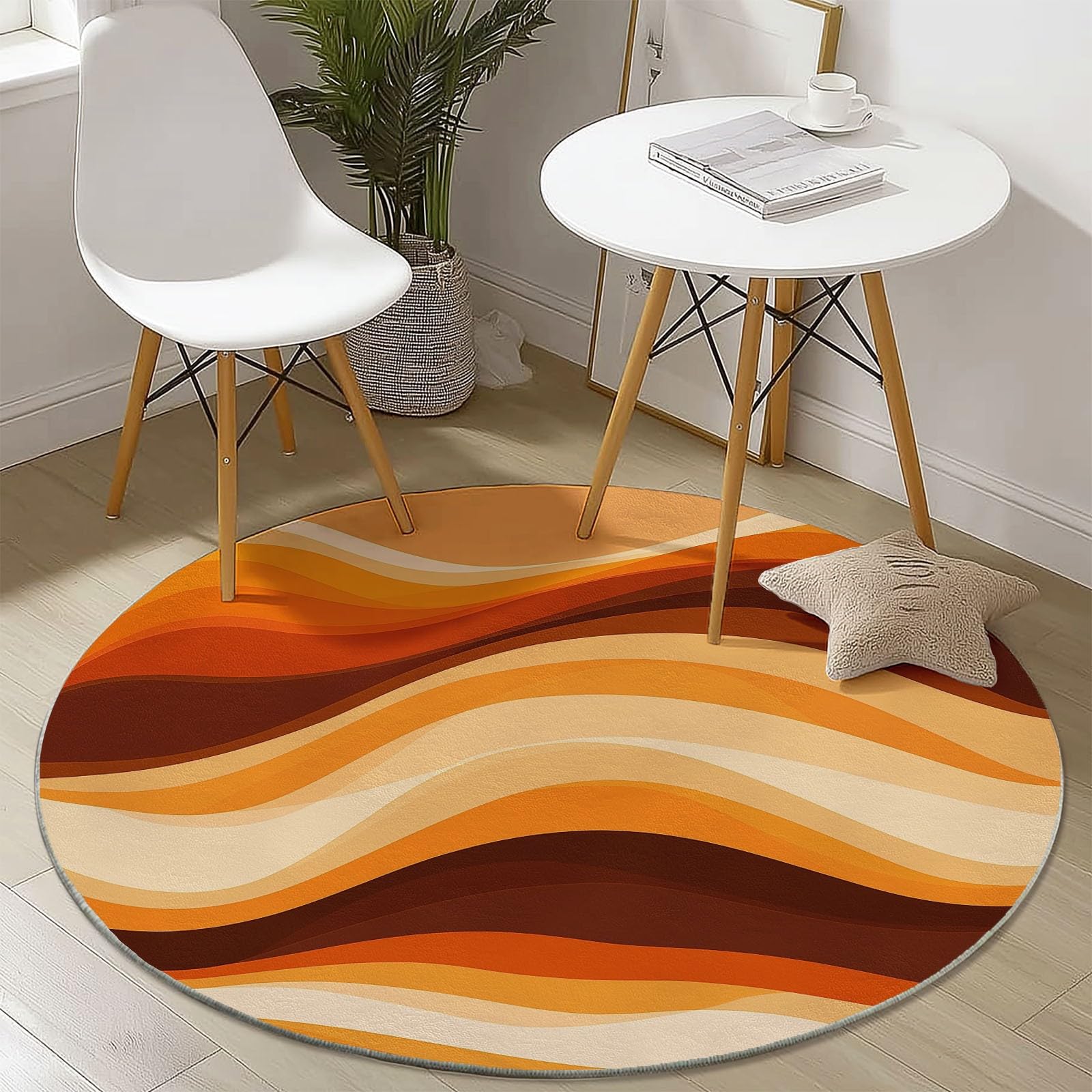 Tapis Rond Design Rétro Vagues Orange et Marron, Diamètre 140 cm Ambiance Années 70 Parfaite pour Salon Vintage ou Bureau, Flanelle Douce à Poils Ras, Base Antidérapante Stable, Pliable, Lavable