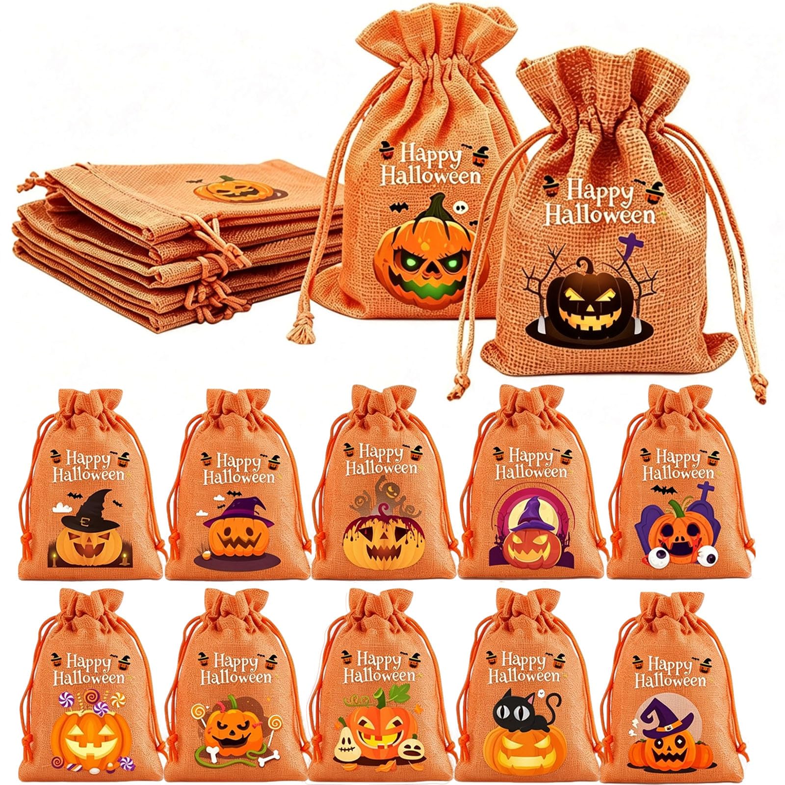 12 Stück Kürbis Deko Geschenk Stoffbeutel, Halloween Jutesäckchen Set | Halloween Bonbonsbeutel, mit Kordelzug, Halloween Säckchen zum Befüllen, für Süßigkeiten Kekse Lagerung, Orange