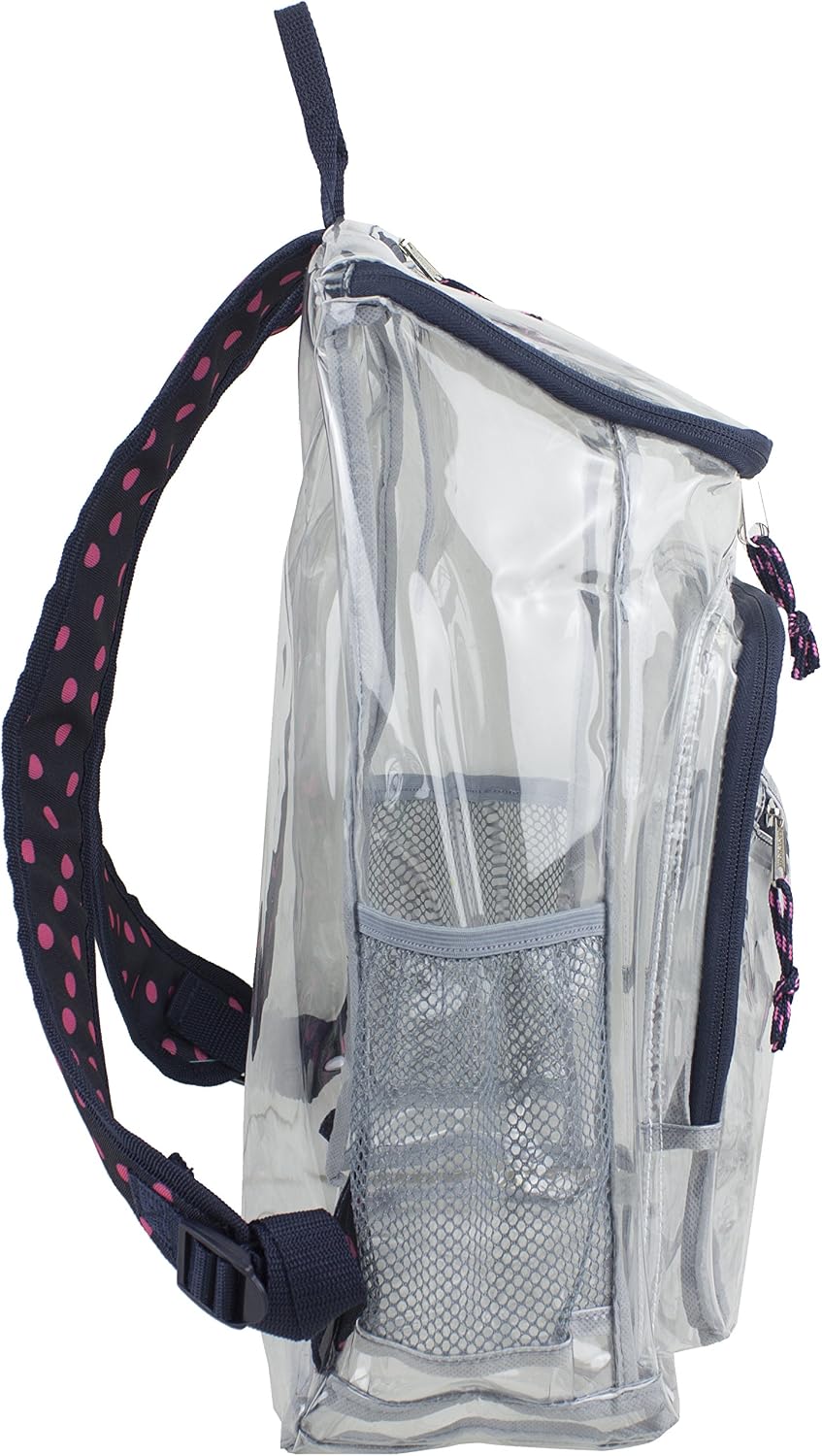 Eastsport Clear Backpack Top Loader Stadium Approved See Through Transparent w/Adjustable Padded Straps - Navy Polka Dot