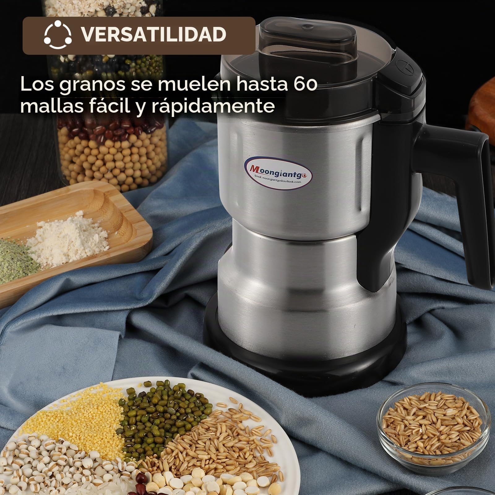 Moongiantgo Molinillo Multifuncional de Cereales, Café y Especias (250W 22000RPM, Capacidad de 200ml, Acero inoxidable, Molienda Ultrafina para Cereal, Frijol, Especia, Café - con Cepillo y Cuchara)