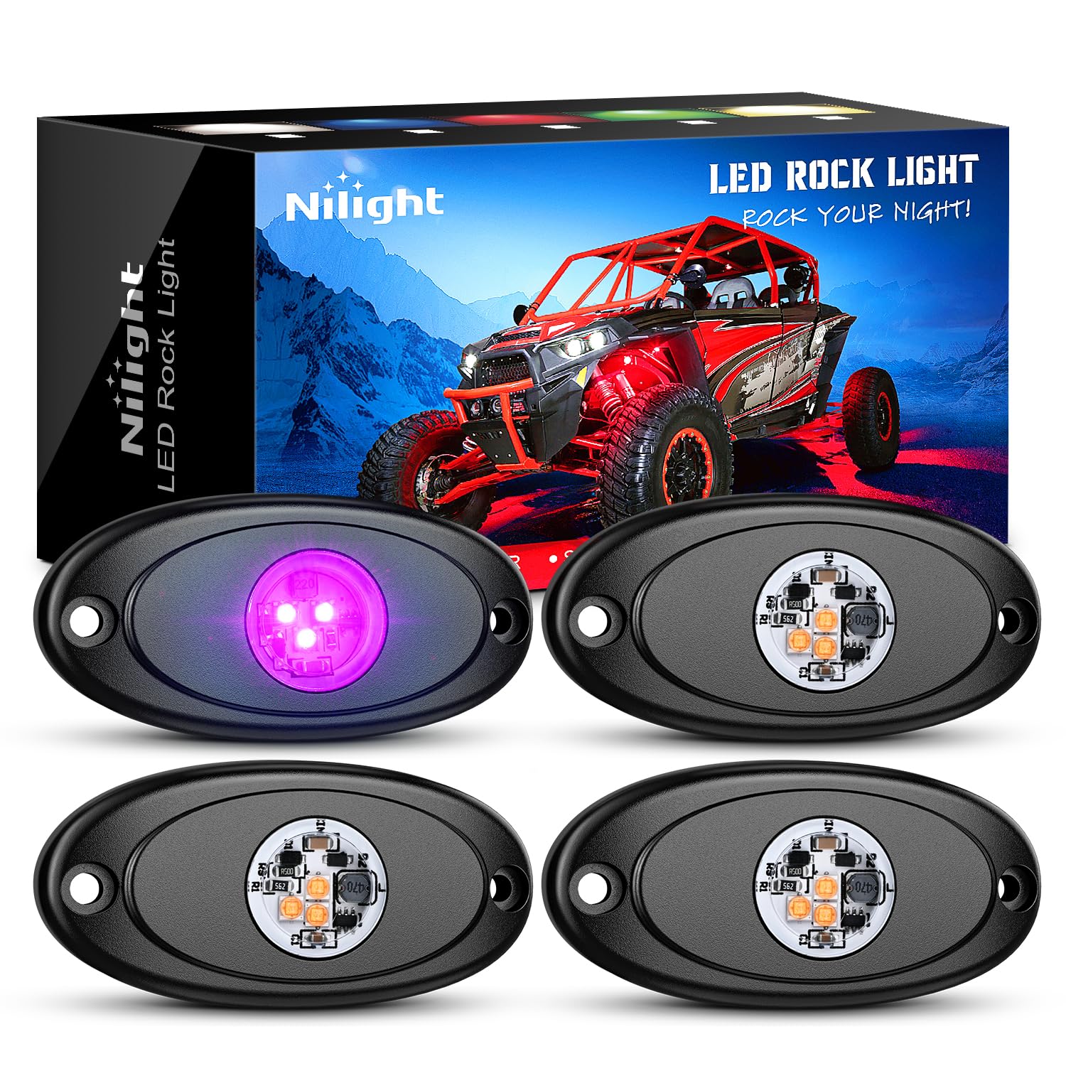 Nilight 4 PCS Pink Purple LED Rock Lights Underglow Wheel Well Fender Pods