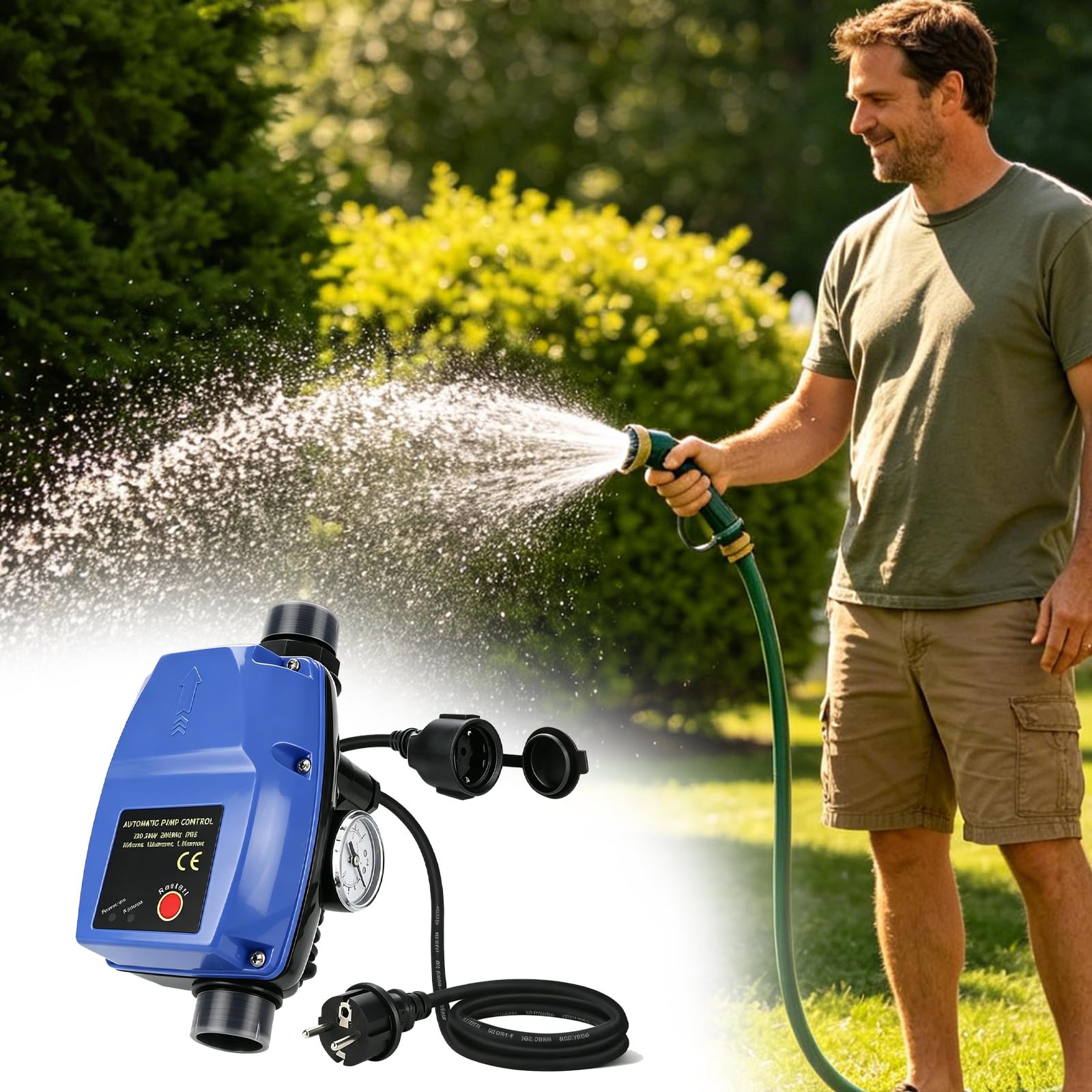 Control de bomba, bomba de aumento de presión de agua con protección contra marcha en seco, indicador de presión y cable, control de bomba IP65, interruptor de presión máx. 10 bar, presostato