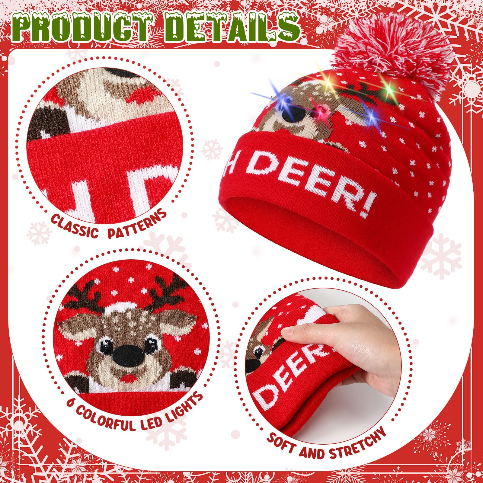 Xtinmee 9 gorros de Navidad con luz LED, gorro de punto de Navidad, sombrero de invierno para fiesta de Navidad, adultos y niños