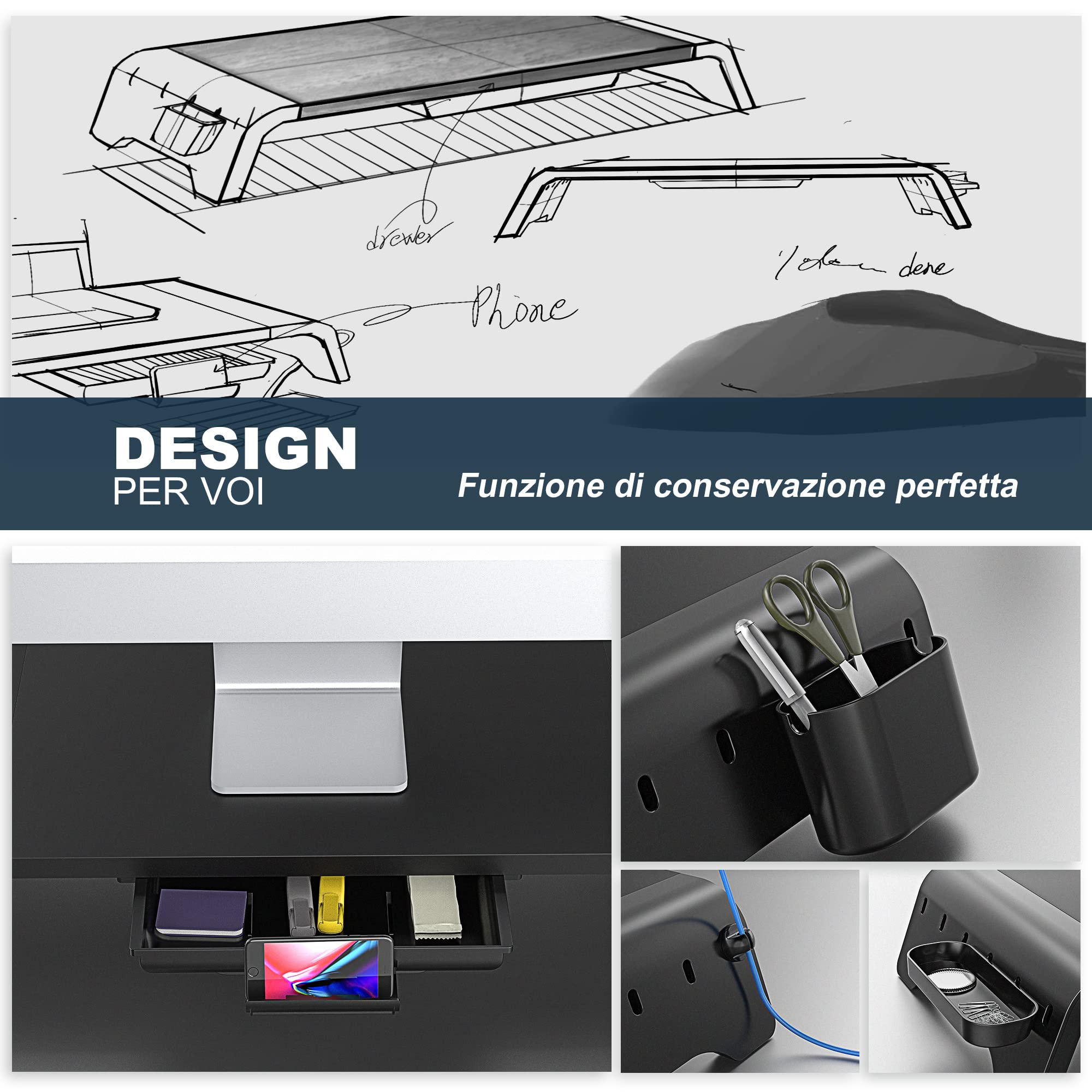 Fenge Supporto Monitor Regolabile in Lunghezza e Angolazione per 2 Monitor Supporto per Monitor in Legno con Cassetto, Scatole Di Stoccaggio Mobili 74-107x 23,5x 8,9cm Nero G04B1102B