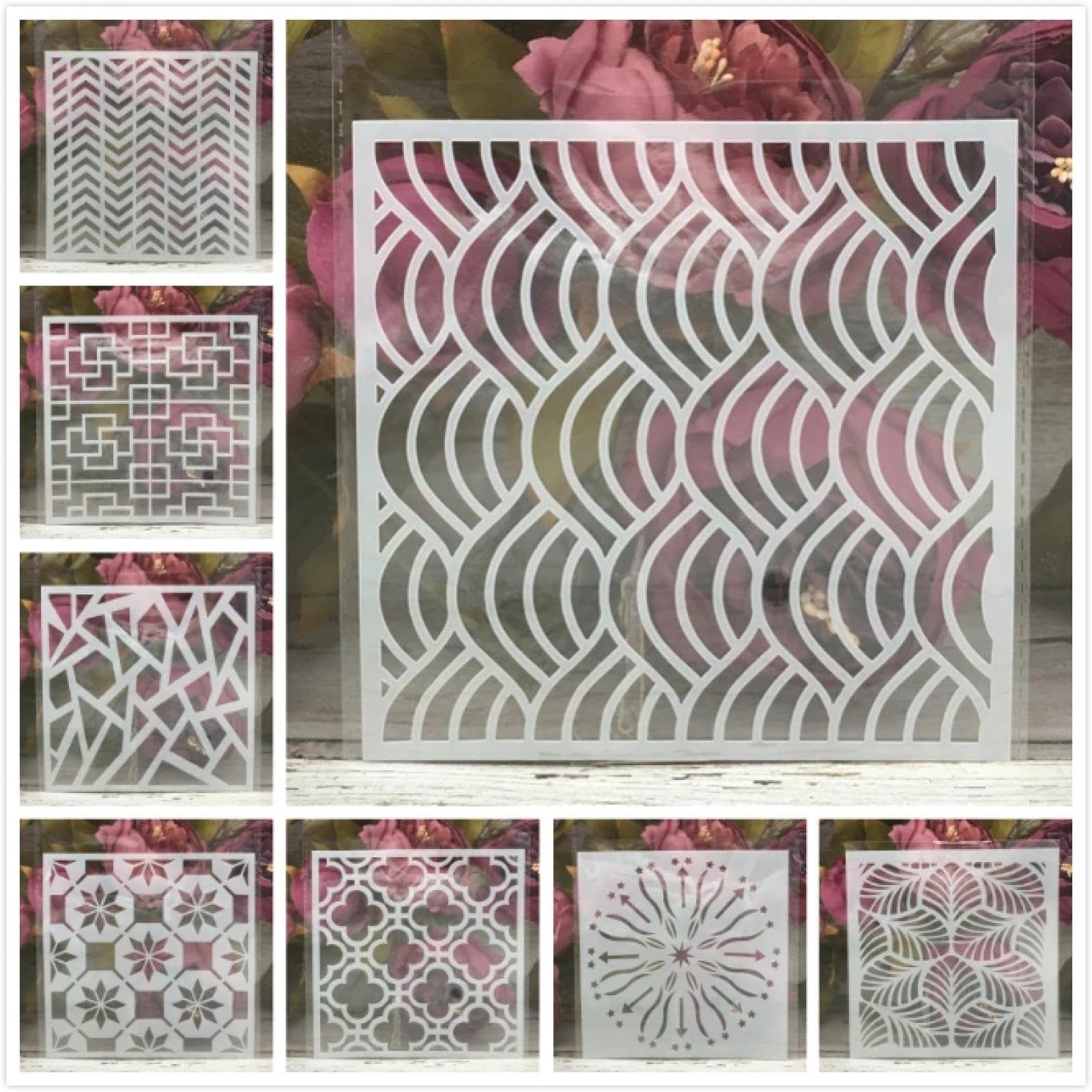 Stencil per dipingere su legno, 8 pezzi, 15 x 15 cm, motivo: foglie ondulate, nuvole, riutilizzabili, per dipingere su legno, pareti, porte, tela, decorazioni per la casa