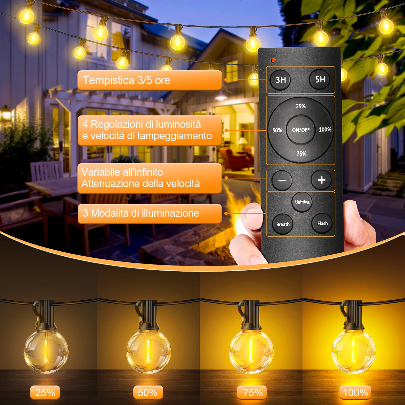 Catena Luminosa Esterno Luci Giardino - 60M G40 Led 60+2 Lampadine Esterno Filo Luce Calda Impermeabili con Telecomando Luci Per Gazebo da Esterno Decorative Campeggio Matrimonio per Balcone Terrazzo