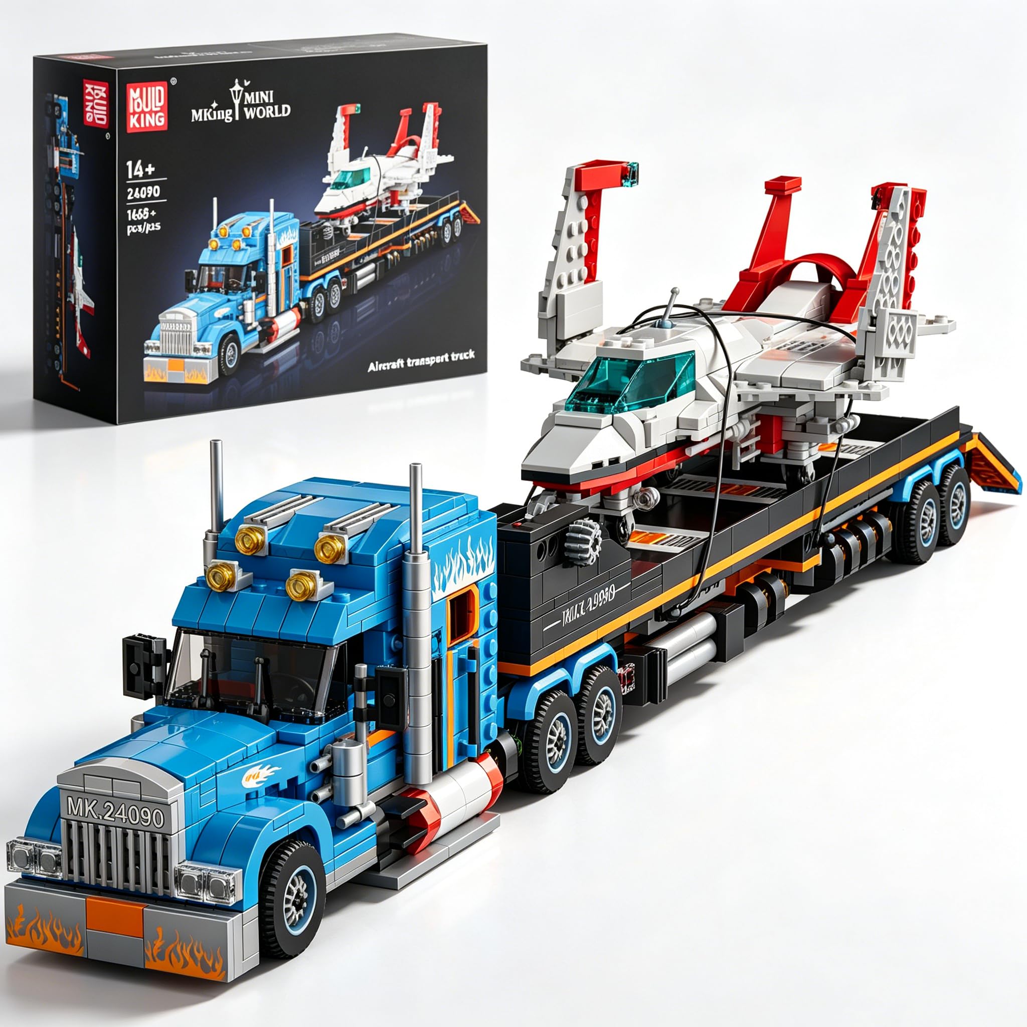 Mould King Flatbed Truck with Airplane Building Set assembled in a desert environment.