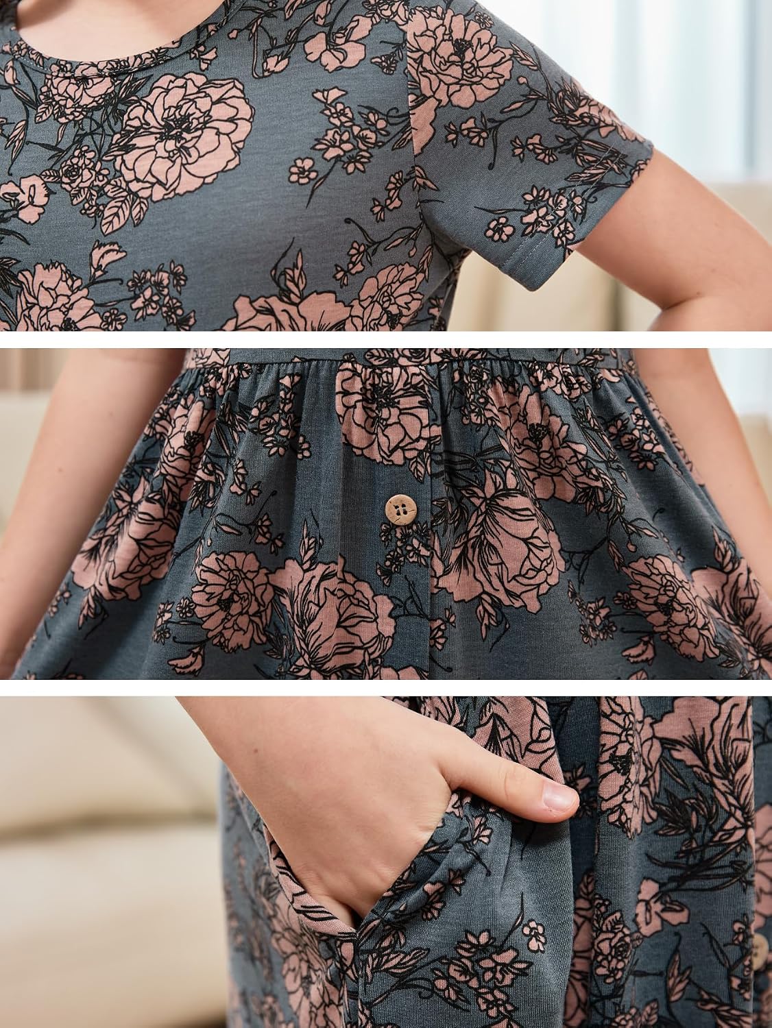 GORLYA Girls Elastic Waist Casual Button Maxi Dress 6-14Y | Elastic gathered waist, button front detail, soft stretchy knit, ideal for school, church, and casual everyday wear.