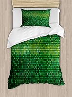 Vista 10 de Ambesonne Juego de funda de edredón color menta, líneas onduladas horizontales a rayas blancas abstractas de tonos suaves, exhibición de arte