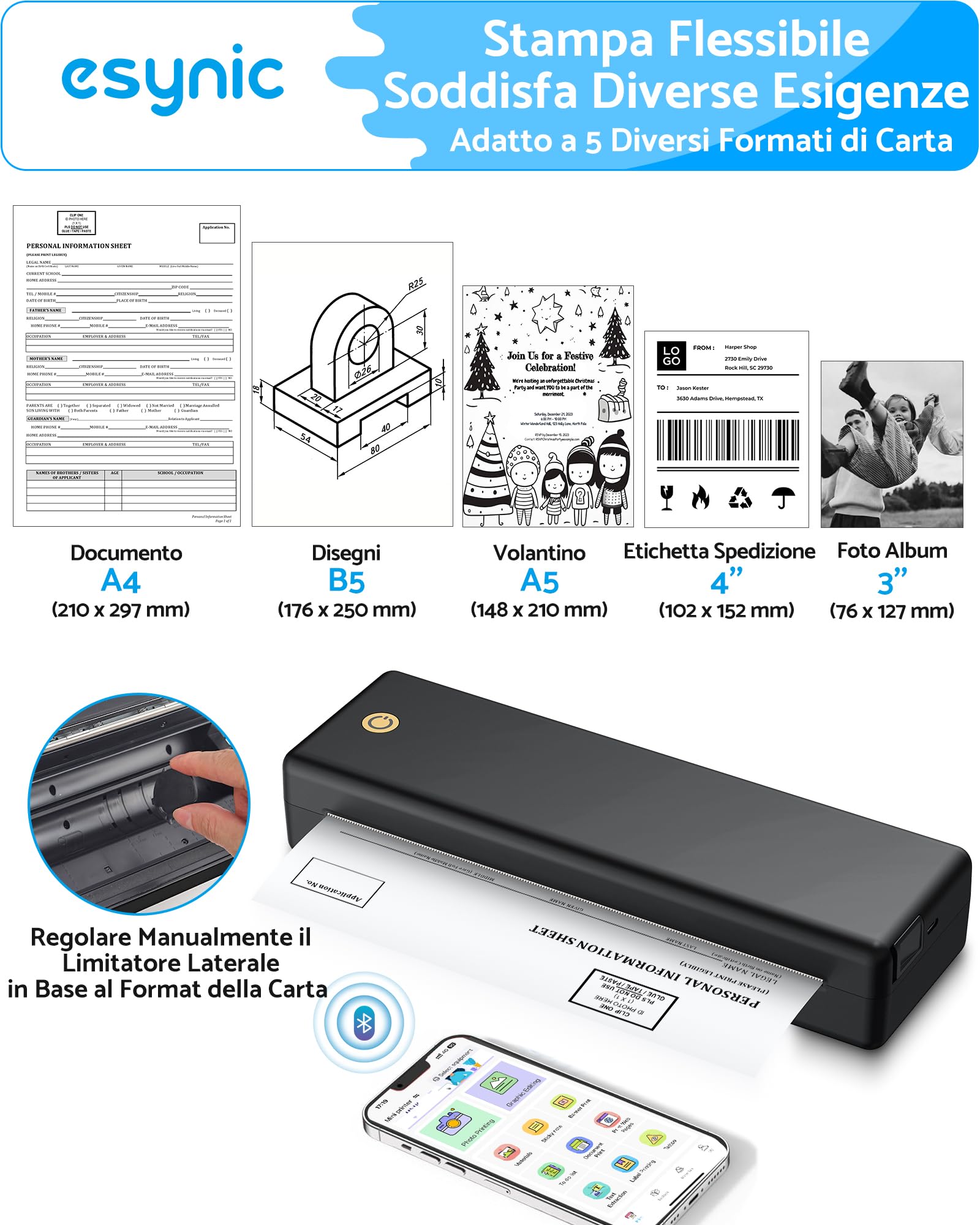 eSynic Stampante Termica Portatile A4 Senza Inchiostro, Supporta Multi Format, Stampante Wireless Bluetooth + USB, Compatibile con iOS Android Windows Mac, Ideale per Ufficio, Studio e Viaggio - Nero