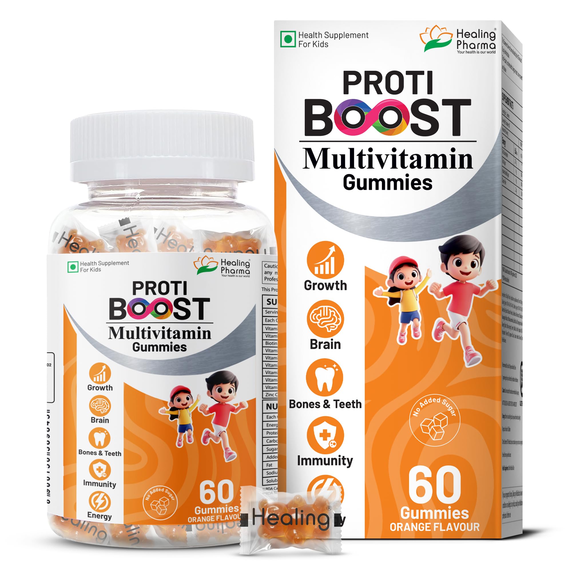 Healing Pharma - Protiboost Multivitamin Gummies for Kids | Daily Supplement for Growth, Immunity, Brain, & Bone Health | No Added Sugar & Gluten Free | Orange Flavour | 60 Gummies-image-31