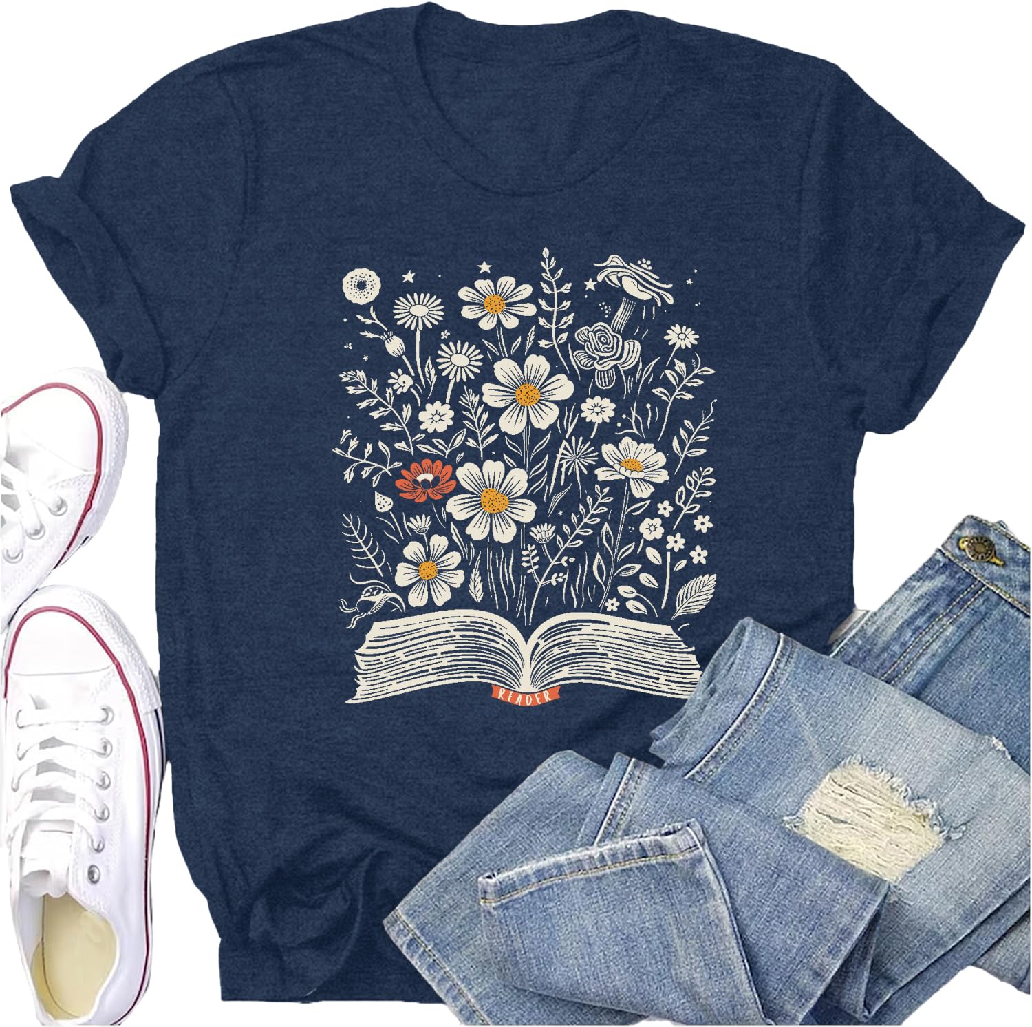Potia Book Shirts for Women Book Lover Reading T-Shirt Casual Floral Teachers Life Tee Tops