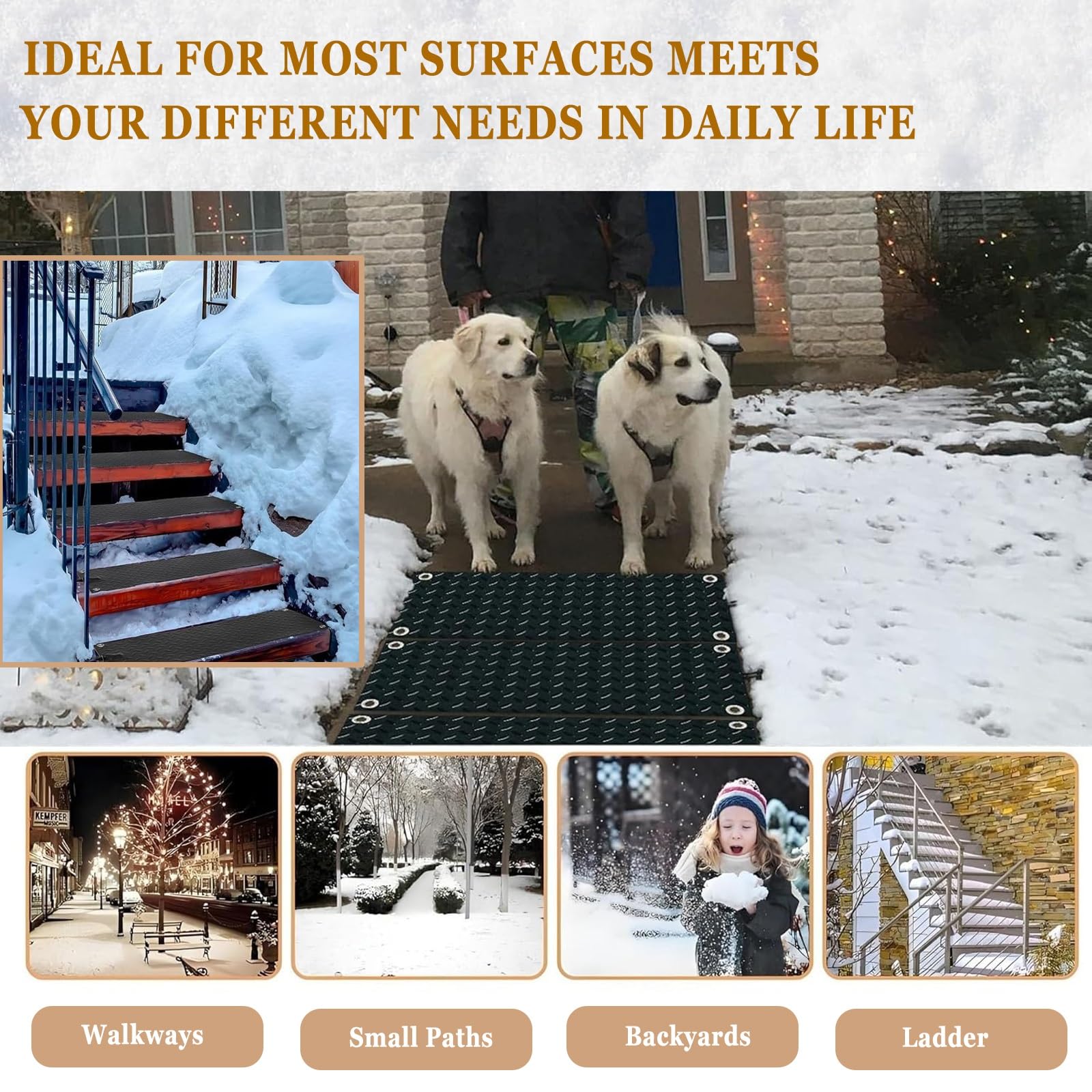 Lot de 5 tapis de fonte de neige d'extérieur – Tapis chauffant en caoutchouc antidérapant pour un déneigement efficace en hiver sur les escaliers et les allées (40 x 200 cm)