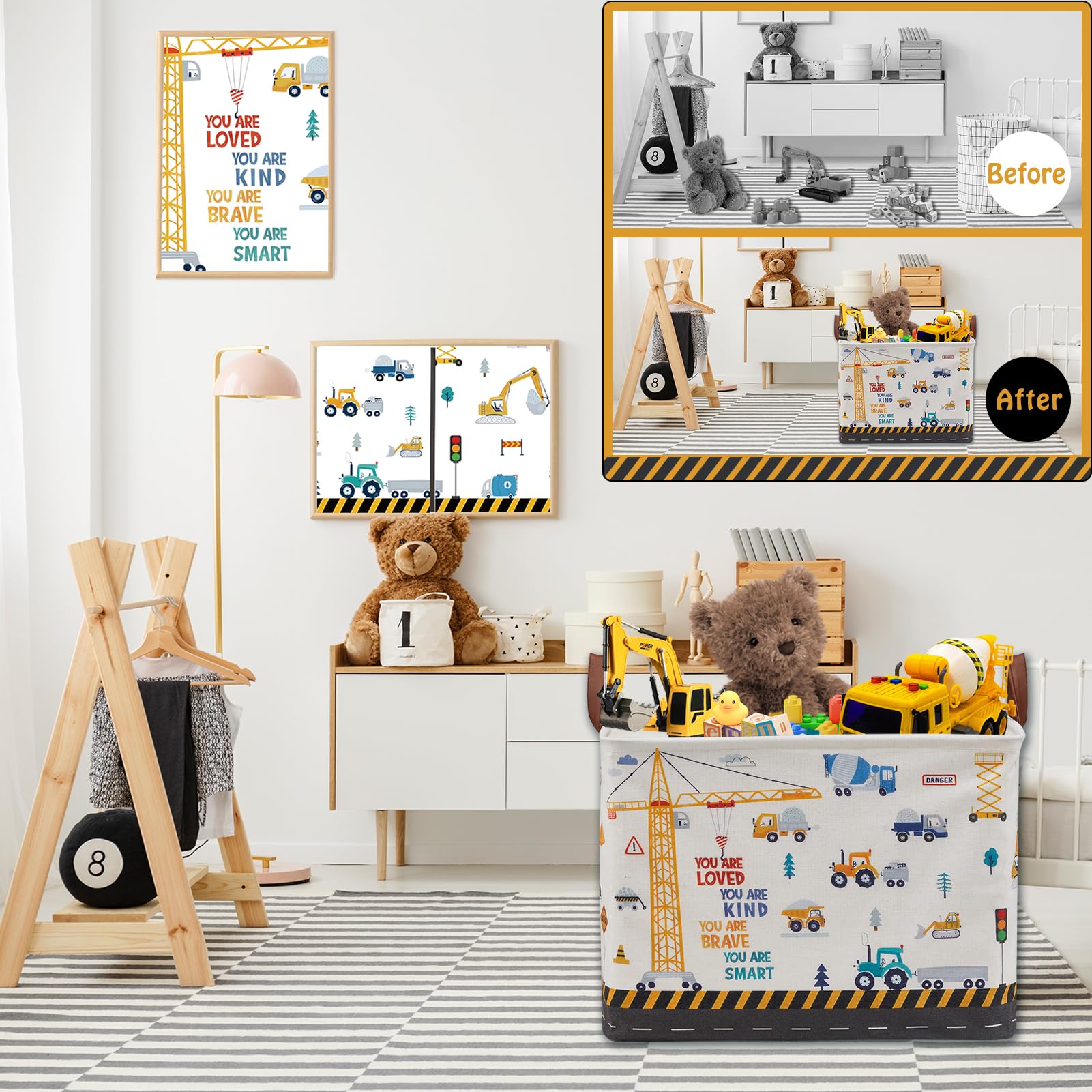 XHWZOF Construction Nursery Decor Hamper Car Baby Gift Basket Transport Trucks Excavators Toy Box Bin Empty Larger Rectangular Kid Clothes Book Shelf Toy Organizer Bin for Baby Boys