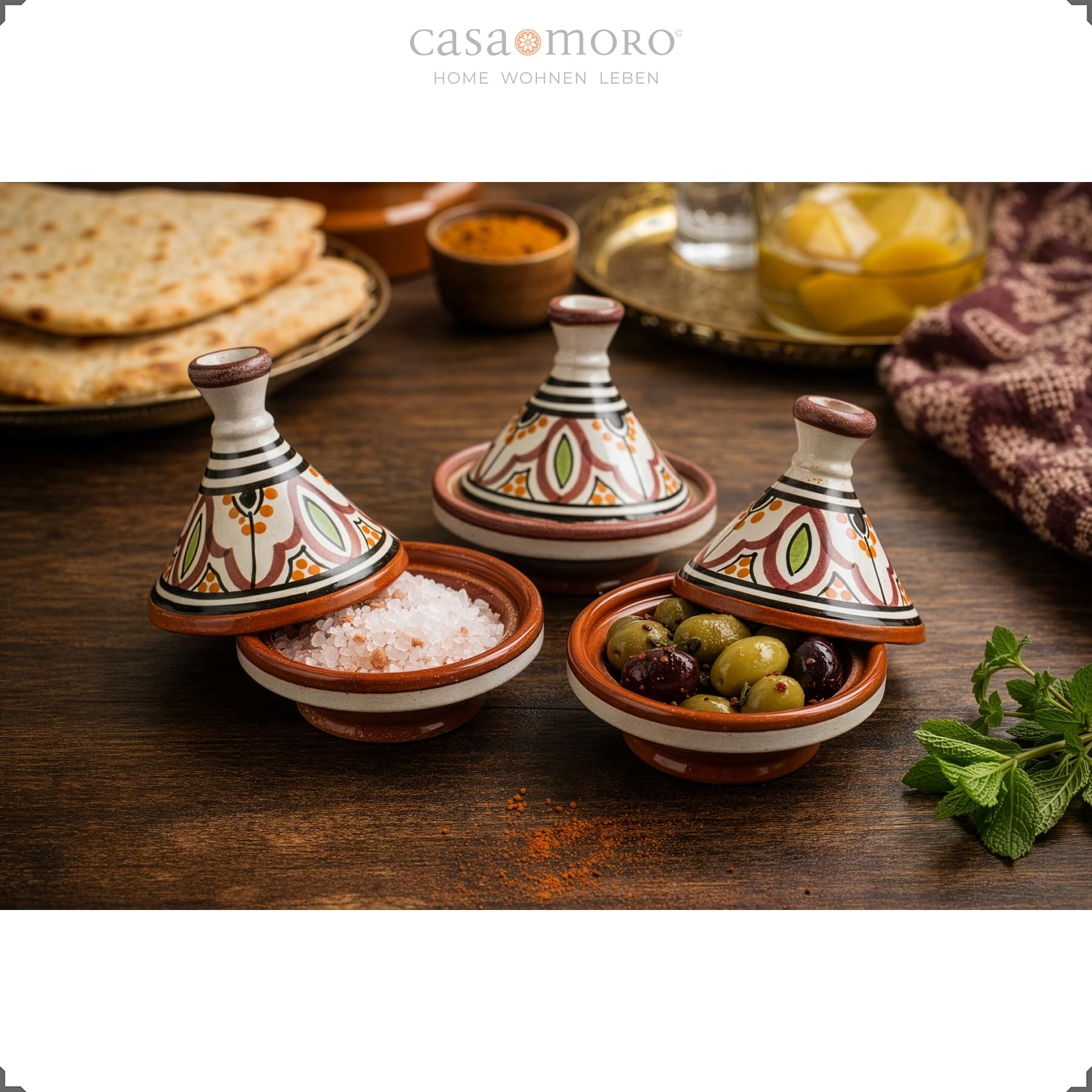 3er Set Tajine zum Servieren von Beilagen & Gewürzen | Gewürz-Tagine aus Marrakesch | Keramik Tischdeko und Geschenkidee