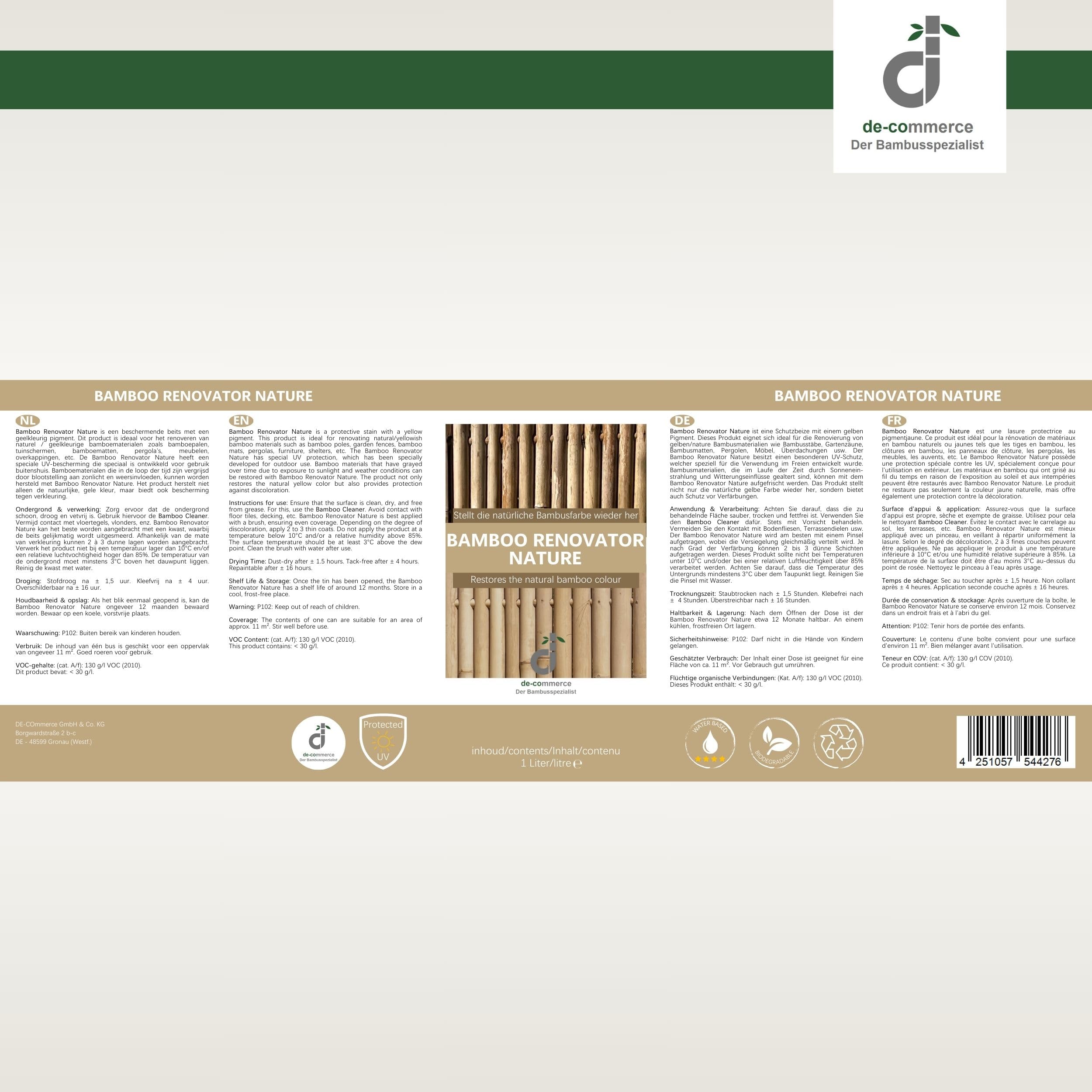 DE-COmmerce Bambus Pflege Bamboo RENOVATOR Nature helle Beize für Farbauffrischung Lasur 1 Liter