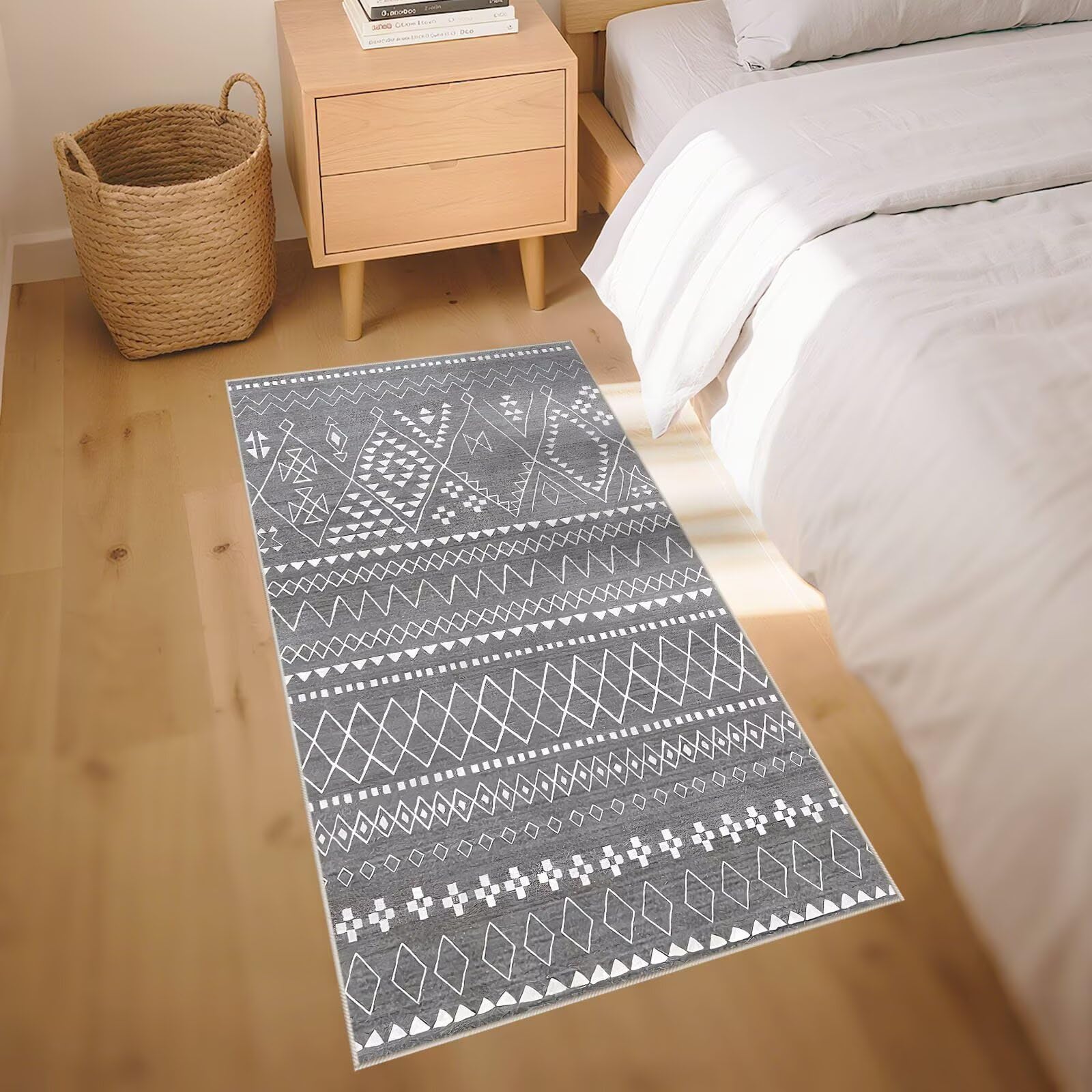 Waschbare Bettvorleger Teppich Grau 70x100cm, Zuschneidbar Fusmattenaußen Geometrische Muster im nationalen Stil für Bürokorridore