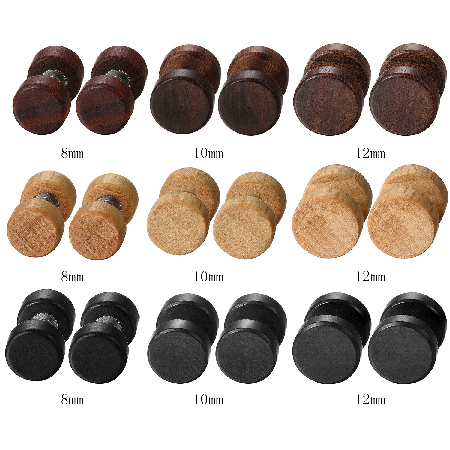JewelryWe 1 Par Pendientes Madera Acero Inoxidable Pendientes Studs Pequeños de Hombre Mujer Unisex, Marrón Aretes Redondos de Tapones Pendientes 8-10mm