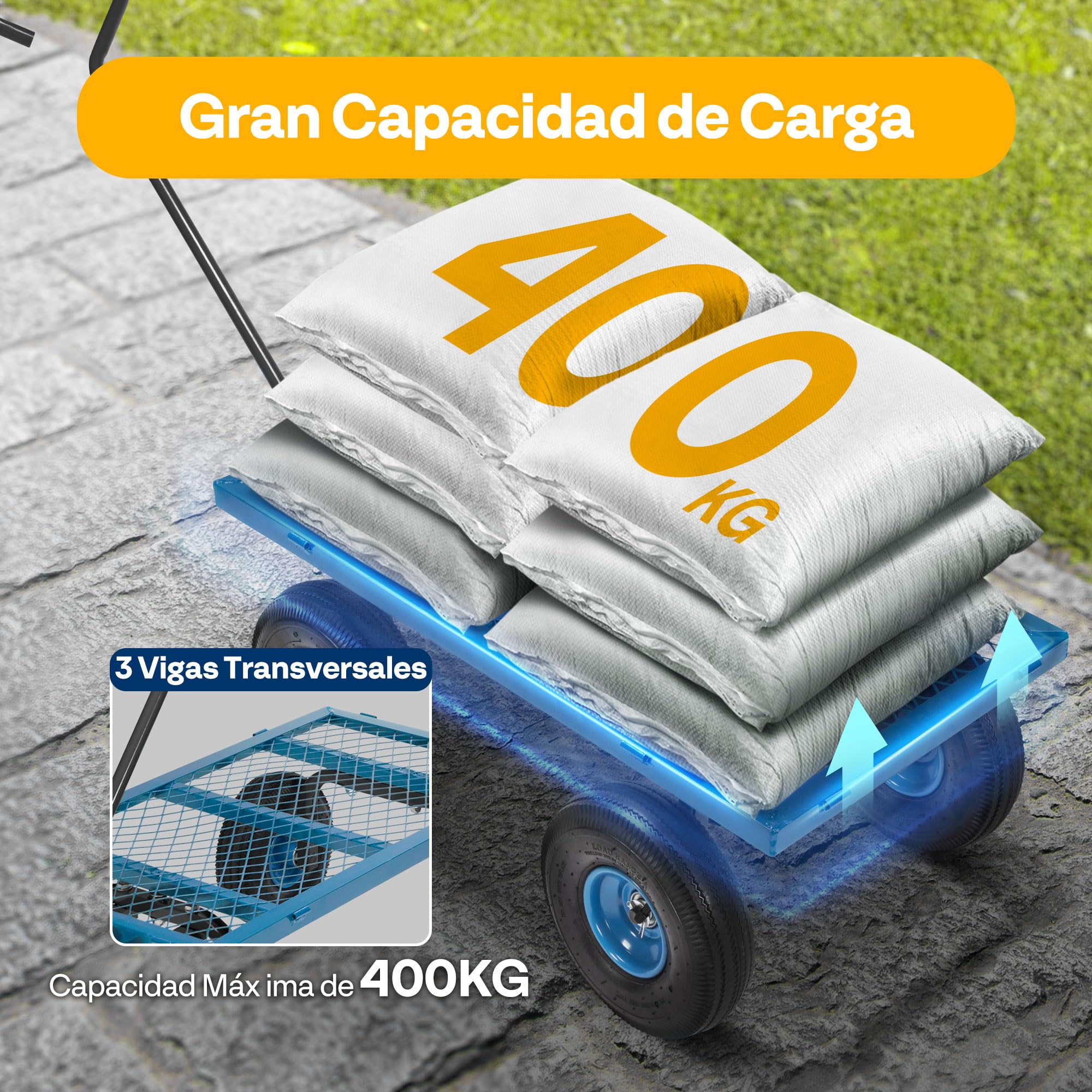 VIVOHOME Carro de Jardín hasta 400kg con Ruedas Neumáticas Grandes Laterales Desmontables, Carretilla de Mano Transporte con Manija Giratoria de 180° para Compra Camping Festival Azul
