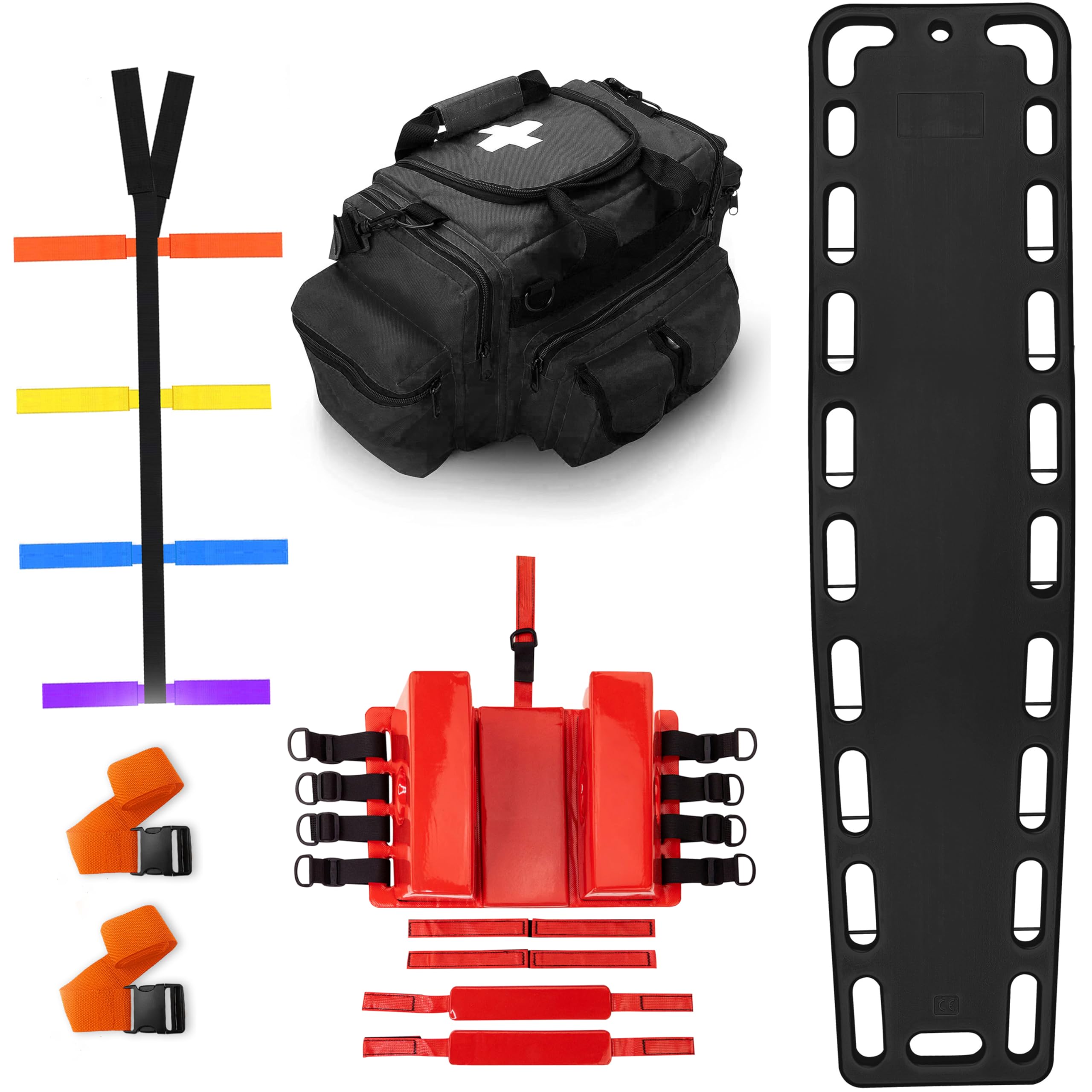 EMS XTRM Rescue Kit Comprehensive Emergency Support with Spine Board, Head Immobilizer, Trauma Bag & 10-Point Strap - Durable, Lightweight for First Responders, Black