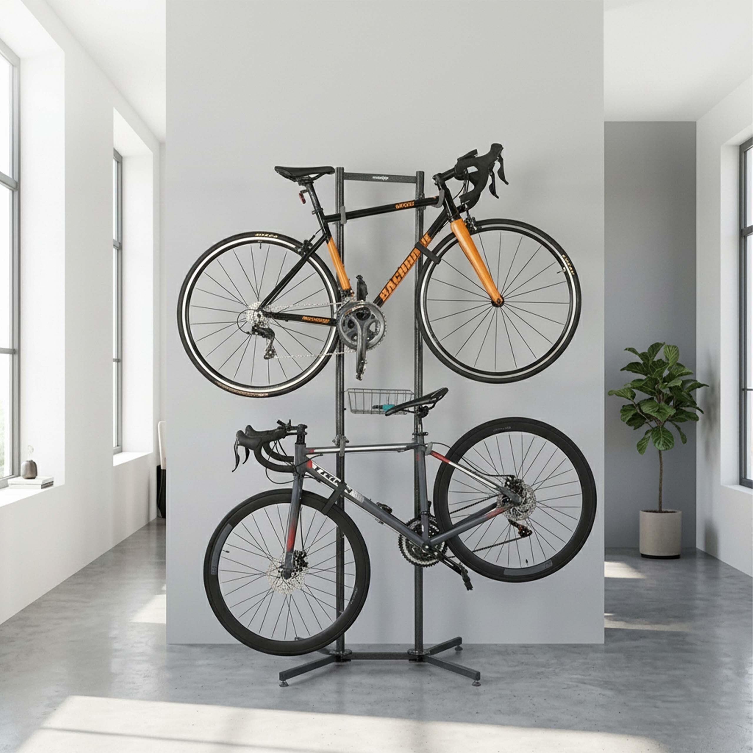 Relaxdays support pour 2 vélos, MBT, vélo de course, VAE, noir | modèle autonome, panier, H x l x P : 210 x 75 x 61 cm, support pour roues