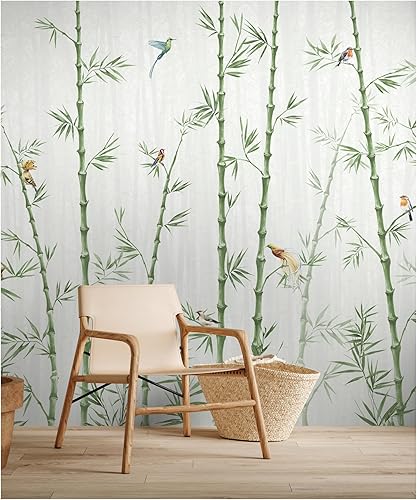 Murwall Tropical Bamboo Tree with Paradise Birds Wall Mural Watercolor Bamboo Wallpaper Chinese Tree with Colorful Bird Wallpaper