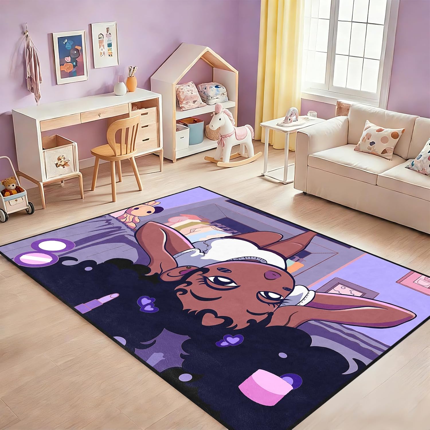 Black Girl Area Rug for Bedroom African Black Girls Floor Rugs for Living Room Playroom Cartoon Art Home Decor Soft Yoga Mats for Women Afro Purple 47" x 31" (2.7 x 3 Feet)