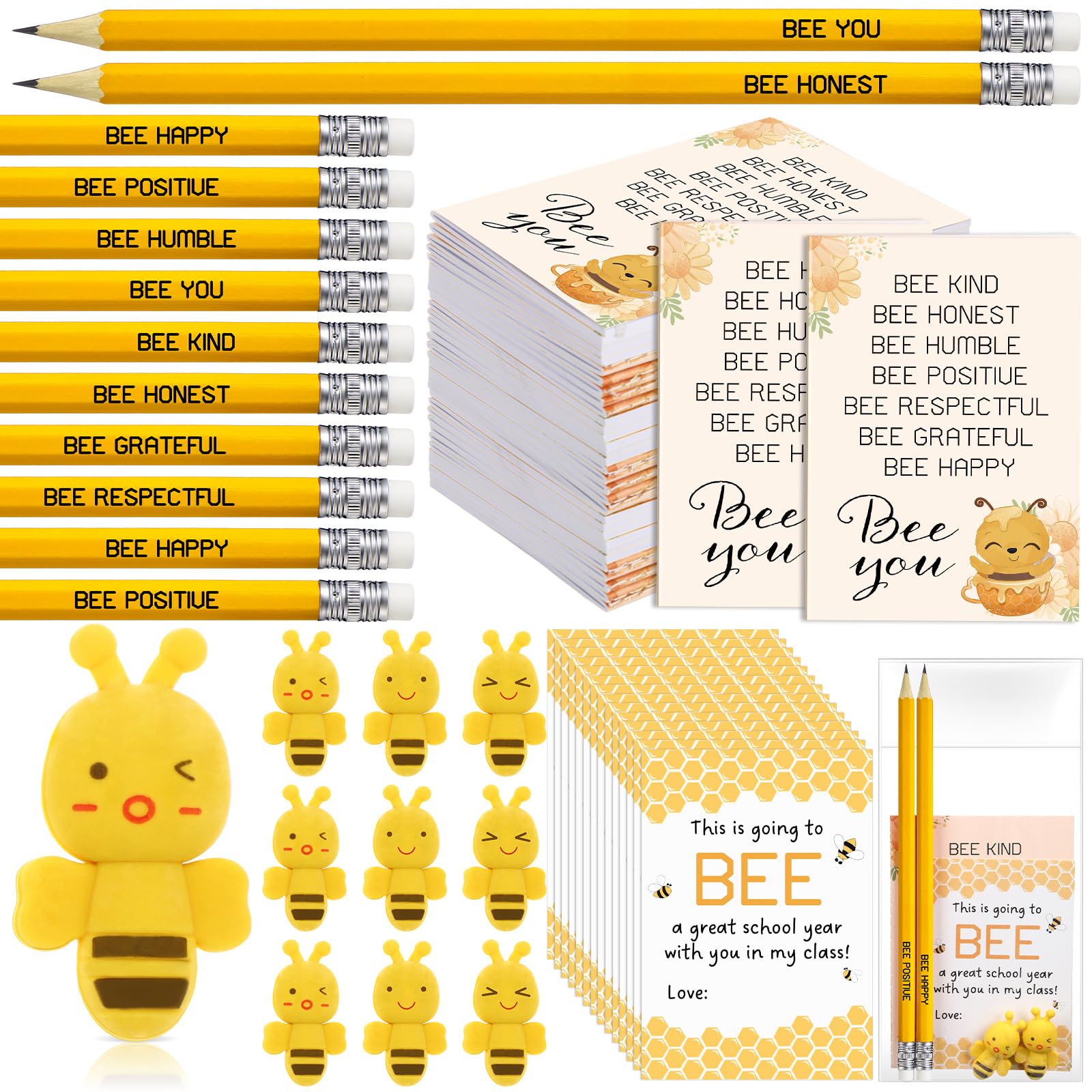 Fuyoooo 24 Sets Bee Party Favor Bulk Inspirational Notepads Pencil Mini Erasers Greeting Card Bee Themed Classroom Decor Party Supplies School (