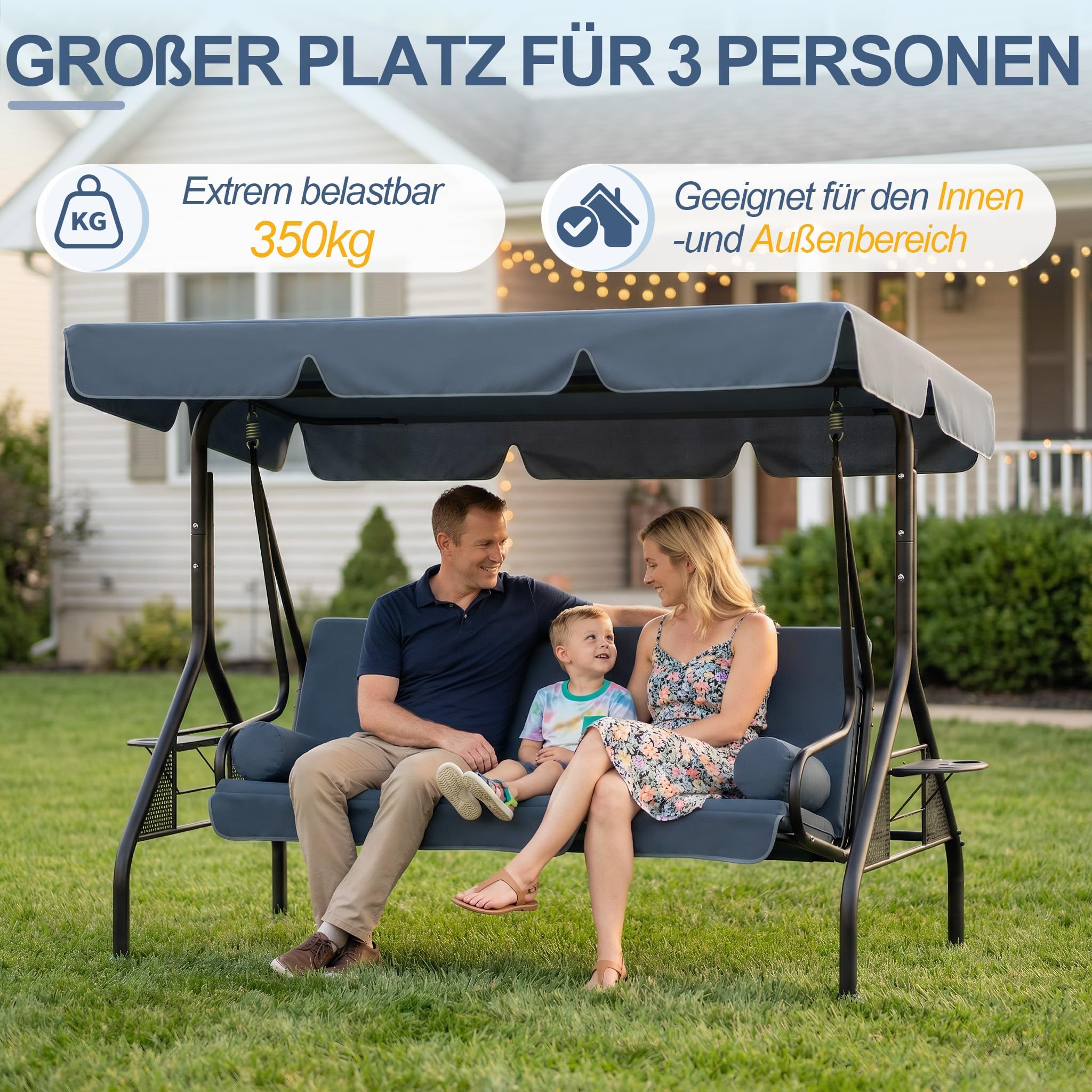 LZQ Hollywoodschaukel 3-Sitzer Grau mit Liegefunktion, verstellbares Sonnendach, inkl. Kissen & Tabletts, rutschfeste Standfüße, Outdoor Schaukelbank für Garten, Terrasse, Pool und Veranda