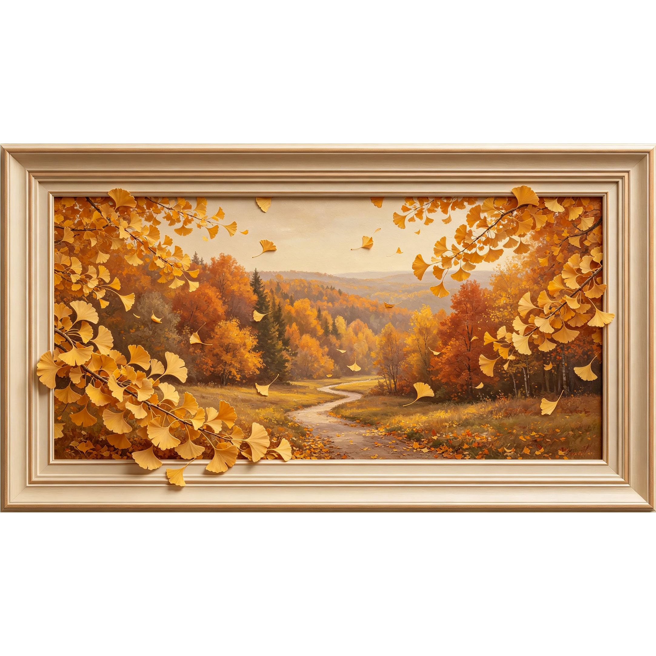 QZLITHOTIC 50×90cm3D Framed Wall Art， Autumn Golden Ginkgo Forest Landscape SelfActivated Mural， WaterActivated Peel & Stick Fabric Decor Wall Decal for Bedroom Living Room