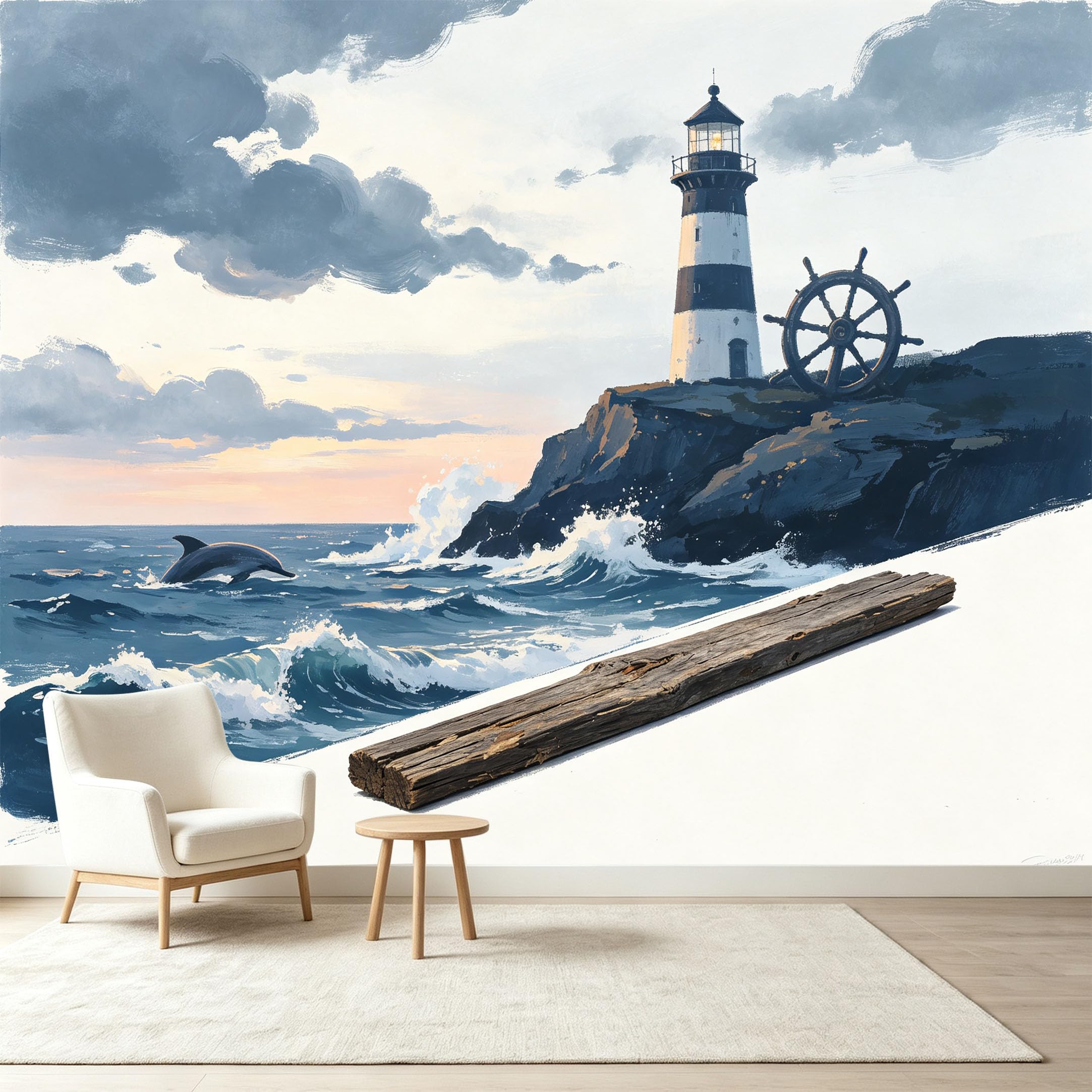 Custom Size Wall Murals Nautical Lighthouse Ocean Seascape Dolphin Ship Wheel Self-Adhesive Wall Fabric Removable Wallpaper Wall Decor for Living Room Bedroom Bathroom