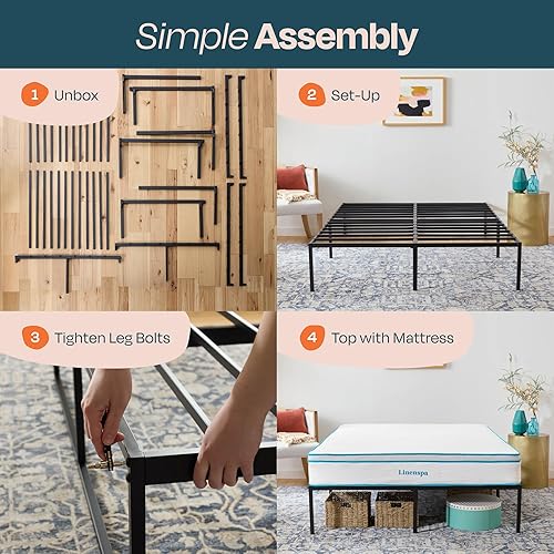 Miniatura 5 de Linenspa Marco de cama de plataforma de metal resistente, no necesita somier, almacenamiento debajo de la cama, montaje simple sin herramientas, 14