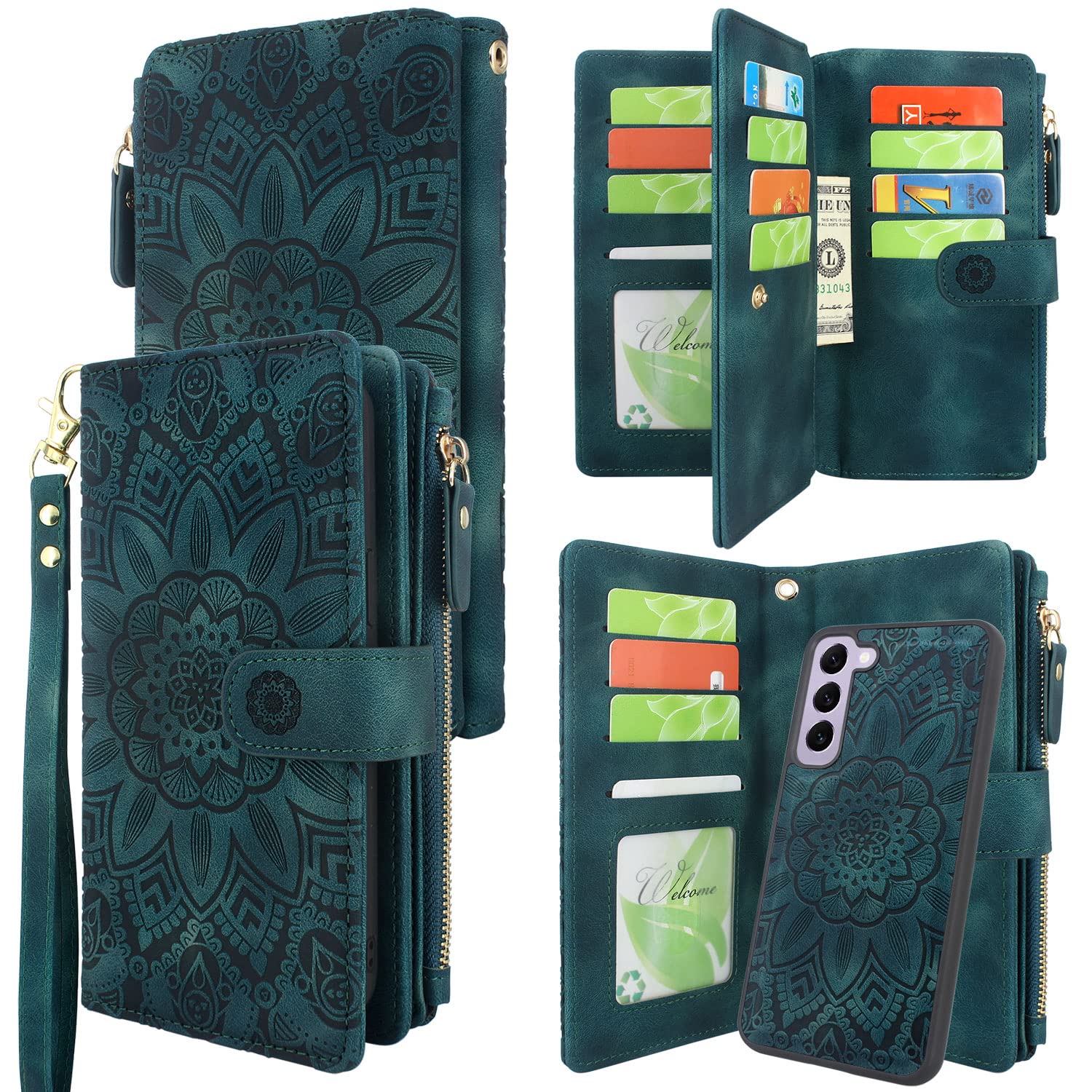 Harryshell Detachable Magnetic Zipper Wallet Leather Case with Cash Coin Pocket 12 Card Slots Holder Wrist Strap Lanyard for Samsung Galaxy S23 5G (