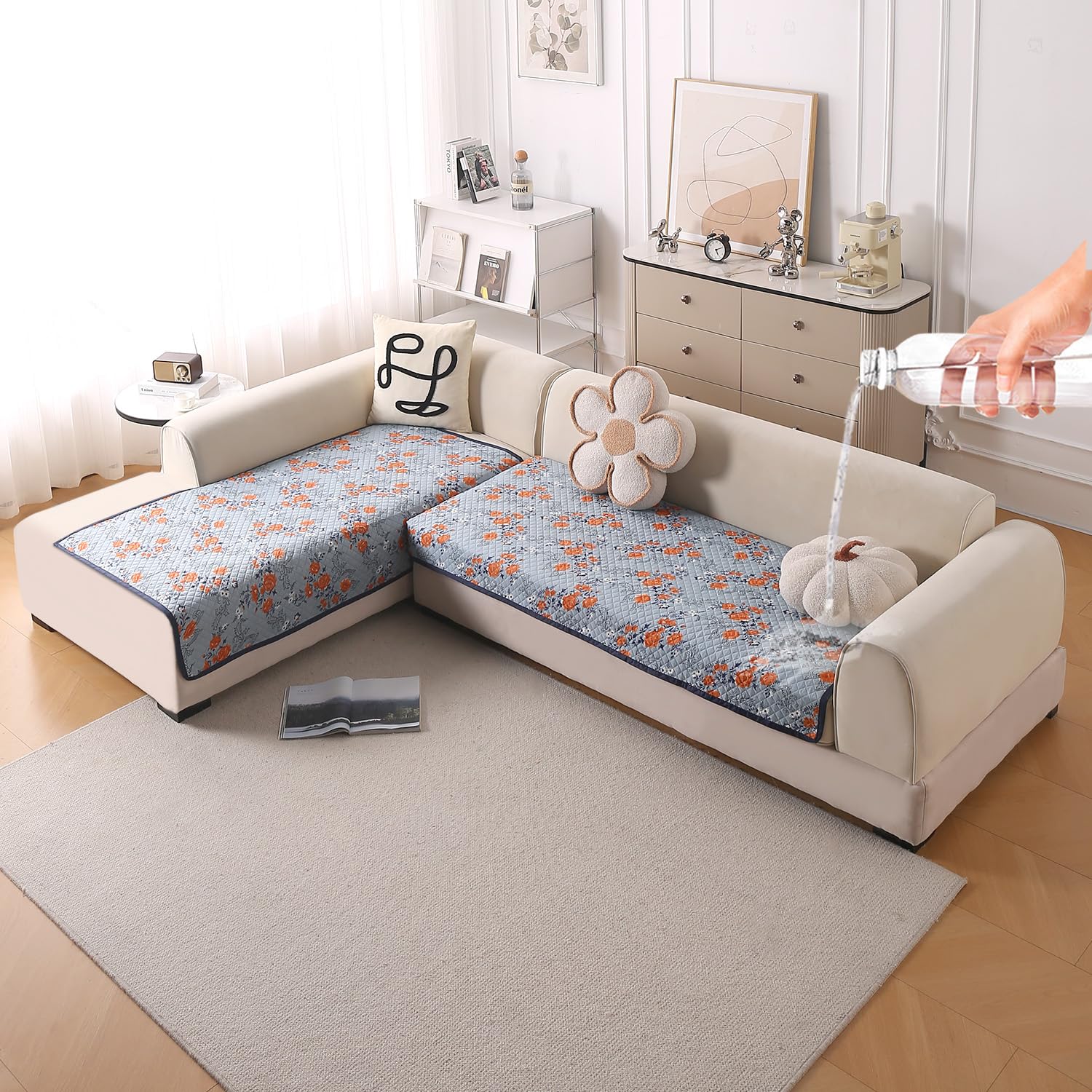 Beige Peony Sofa Cover - L Shape 5 Seater -26