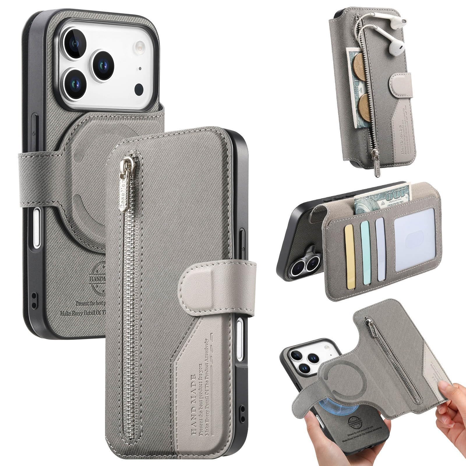 Étui compatible avec iPhone 13 Pro portefeuille à fermeture éclair magnétique gris - 7