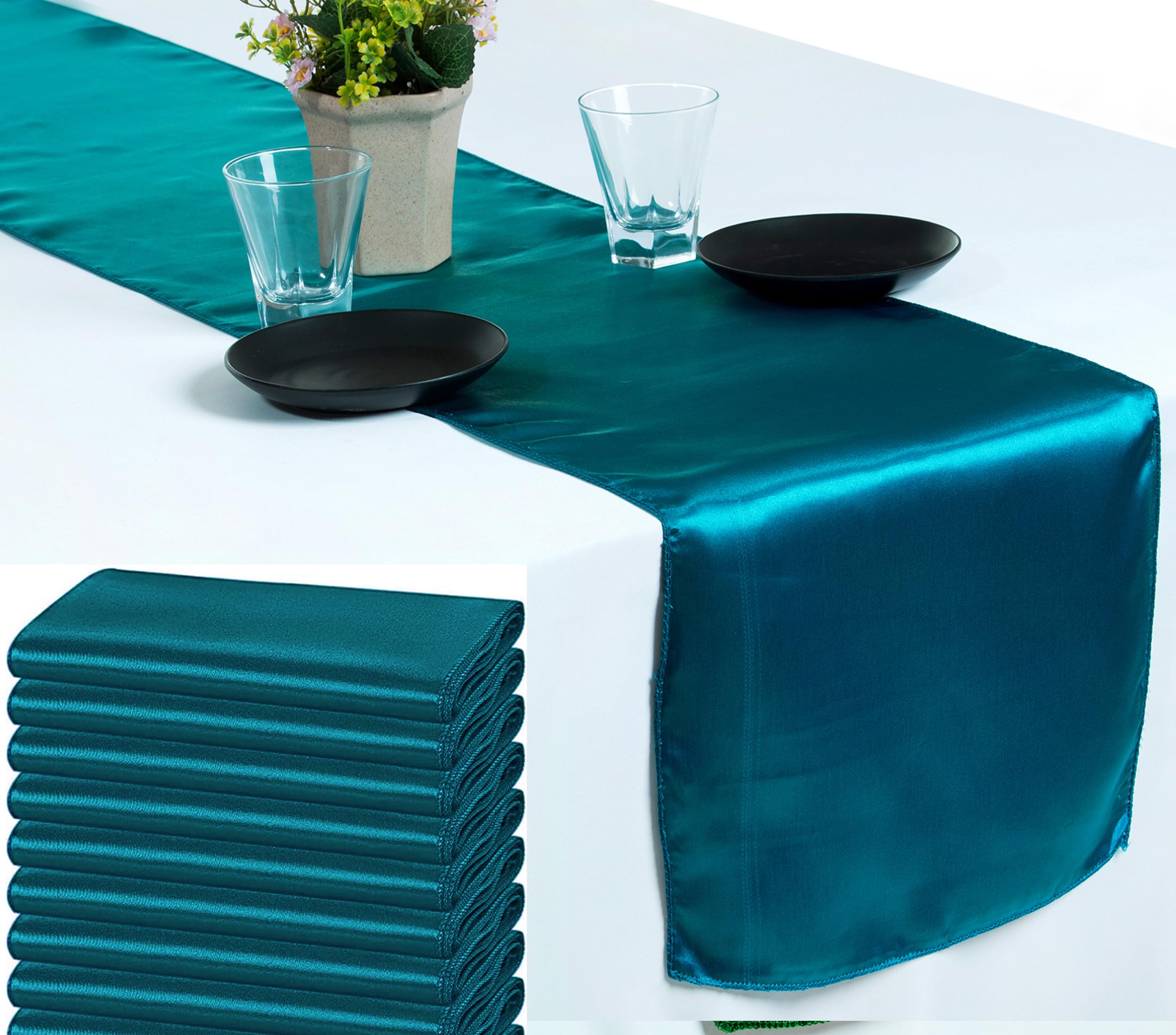 VDS Pack of 20 Satin Table Runners for Wedding & Party Décor 12” x 108”, Smooth Glossy Sateen Fabric Runner, Dining Table Decoration for Reception Banquet & Events Hotel Restaurant - Dark Teal