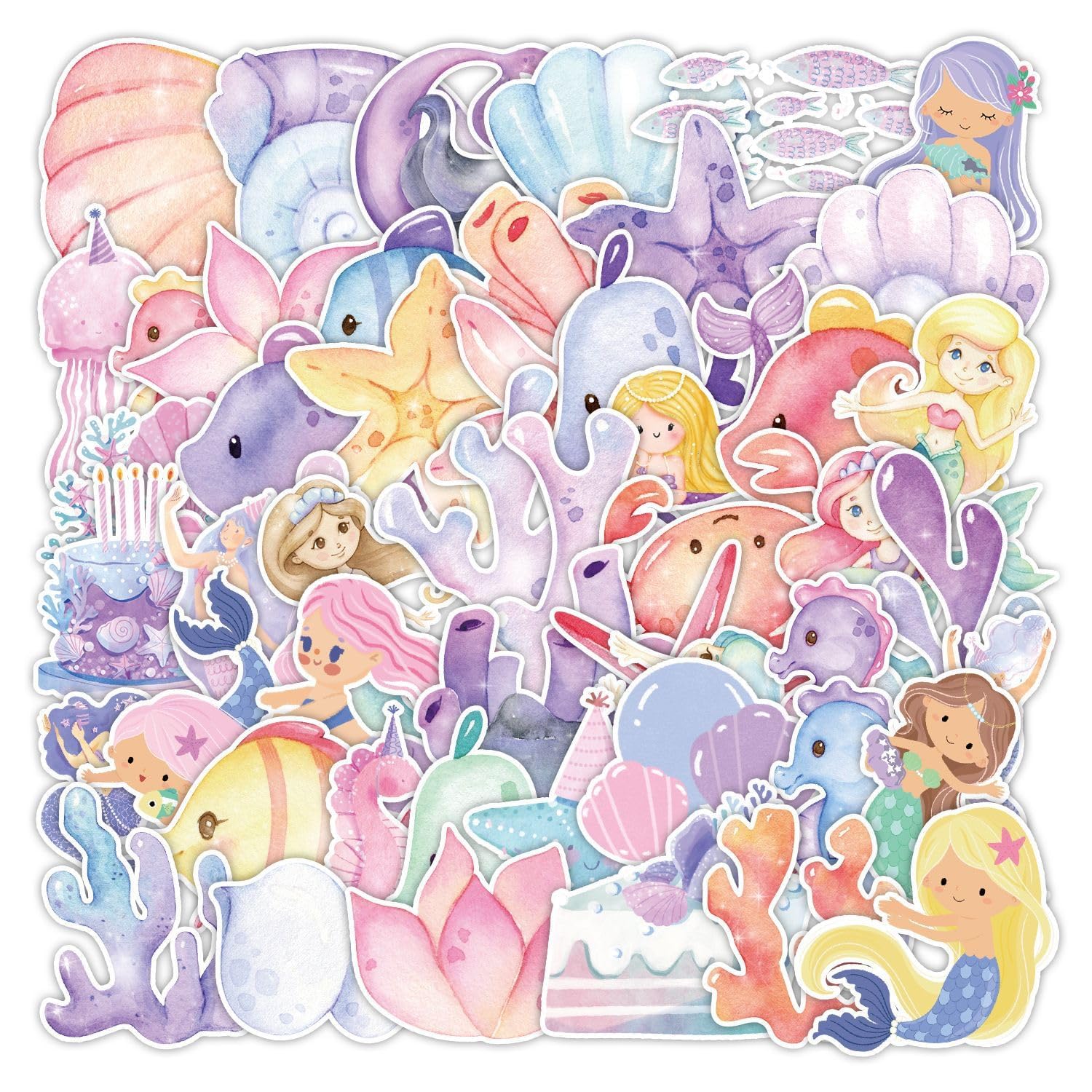 KASTWAVE 50pcs Watercolor Mermaid Graffiti Stickers Mobile Phone Water Glass Refrigerator Decorative Stickers Waterproof Creative Cartoon Stickers for Children