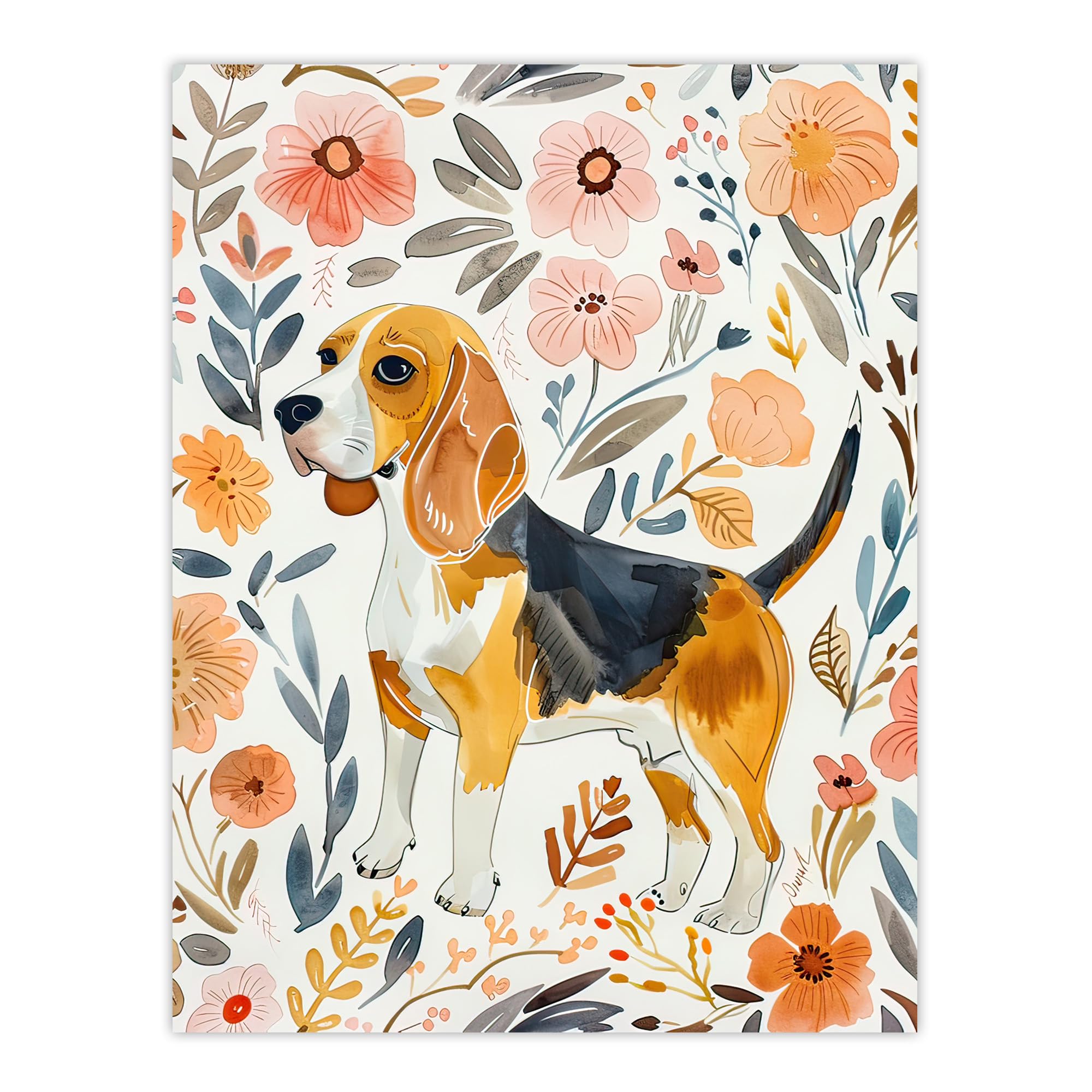 Artery8 Cute Beagle Puppy Dog Lover Floral Watercolour Living Room Large Wall Art Poster Print Thick Paper 18X24 Inch