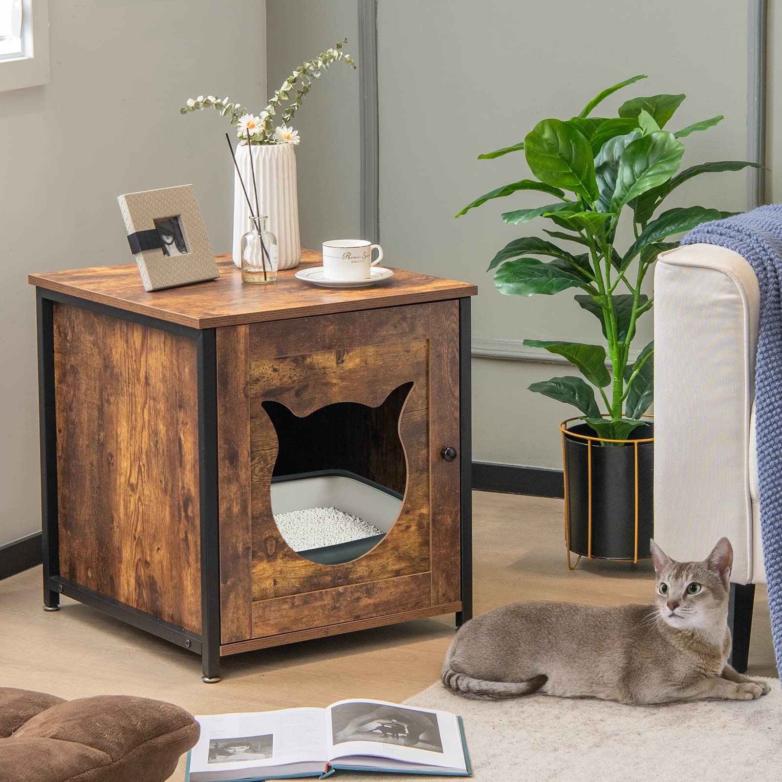 COSTWAY Mueble Arenero Gatos, Mueble Arenero para Gatos Baño Privado, Lavabo Oculto para Gato con Puerta, Estructura Metálica Interior Decorativa para Gatos Grandes & Pequeños, 50x53x55cm