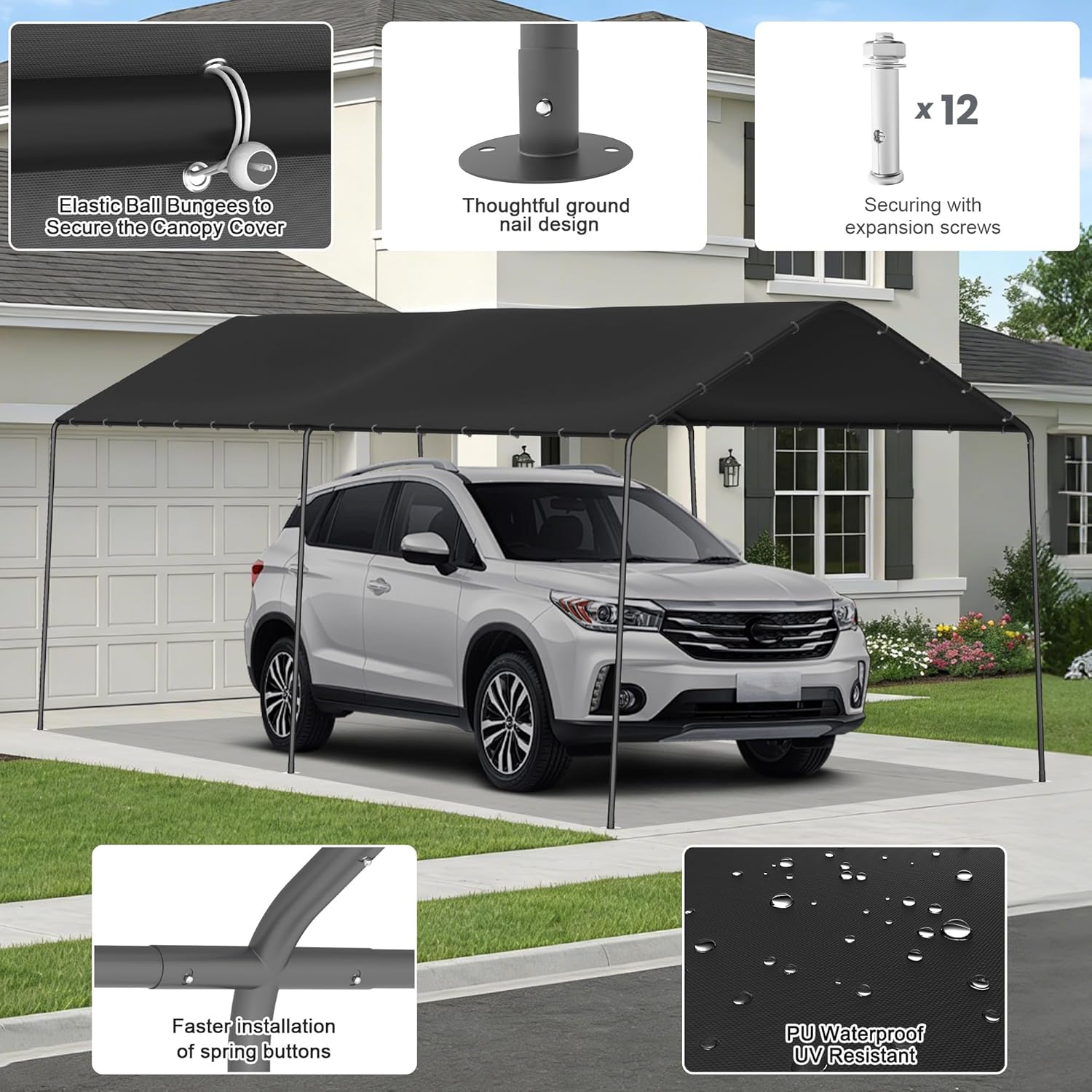 10 x 20 FT Carport Heavy Duty, Portable Garage Canopy Outdoor, Galvanized Car Canopy for Car Garage Shelter Tent Party Tent with Anchor Kit (Black)