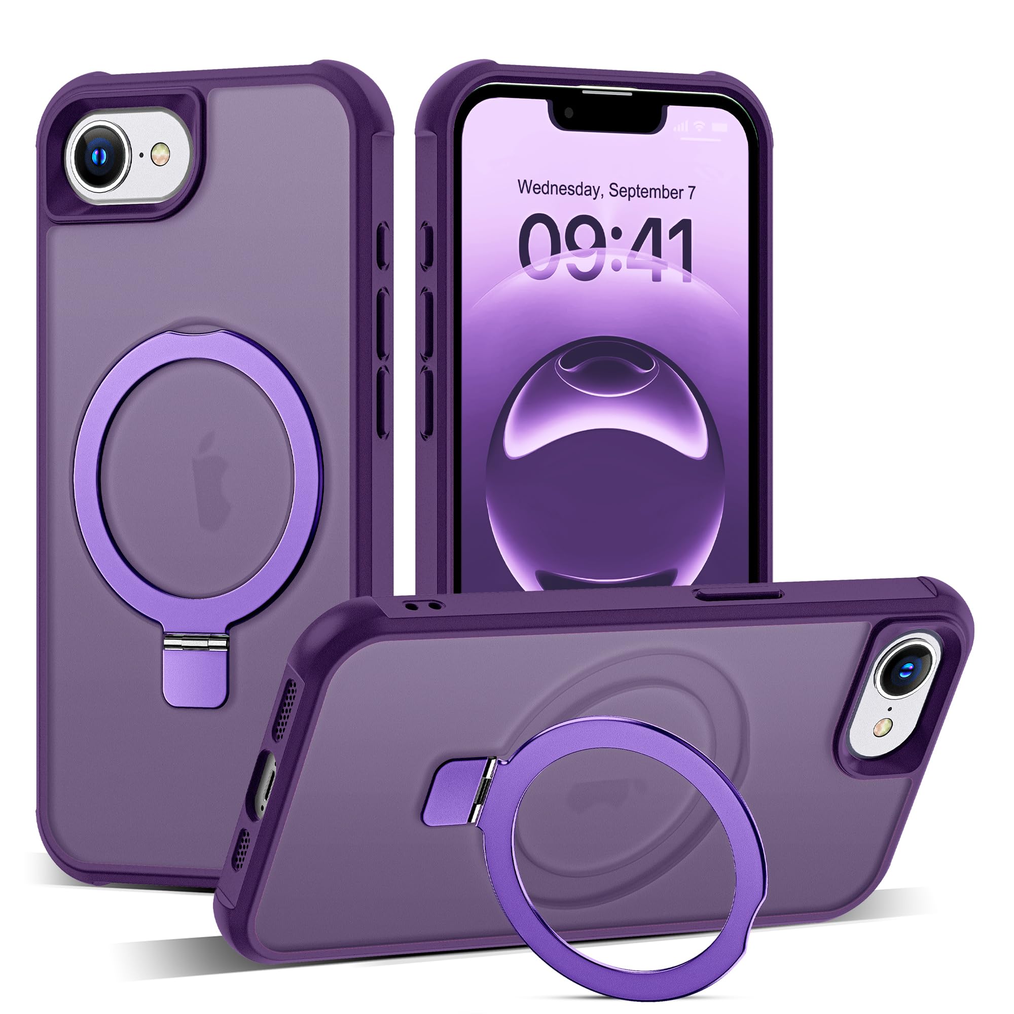 SKYLMW Compatible with iPhone 16E Case with Invisible Magnetic O-Ring Stand Military-Grade Translucent Case for iPhone 16E 6.1" 2025 [Compatible with