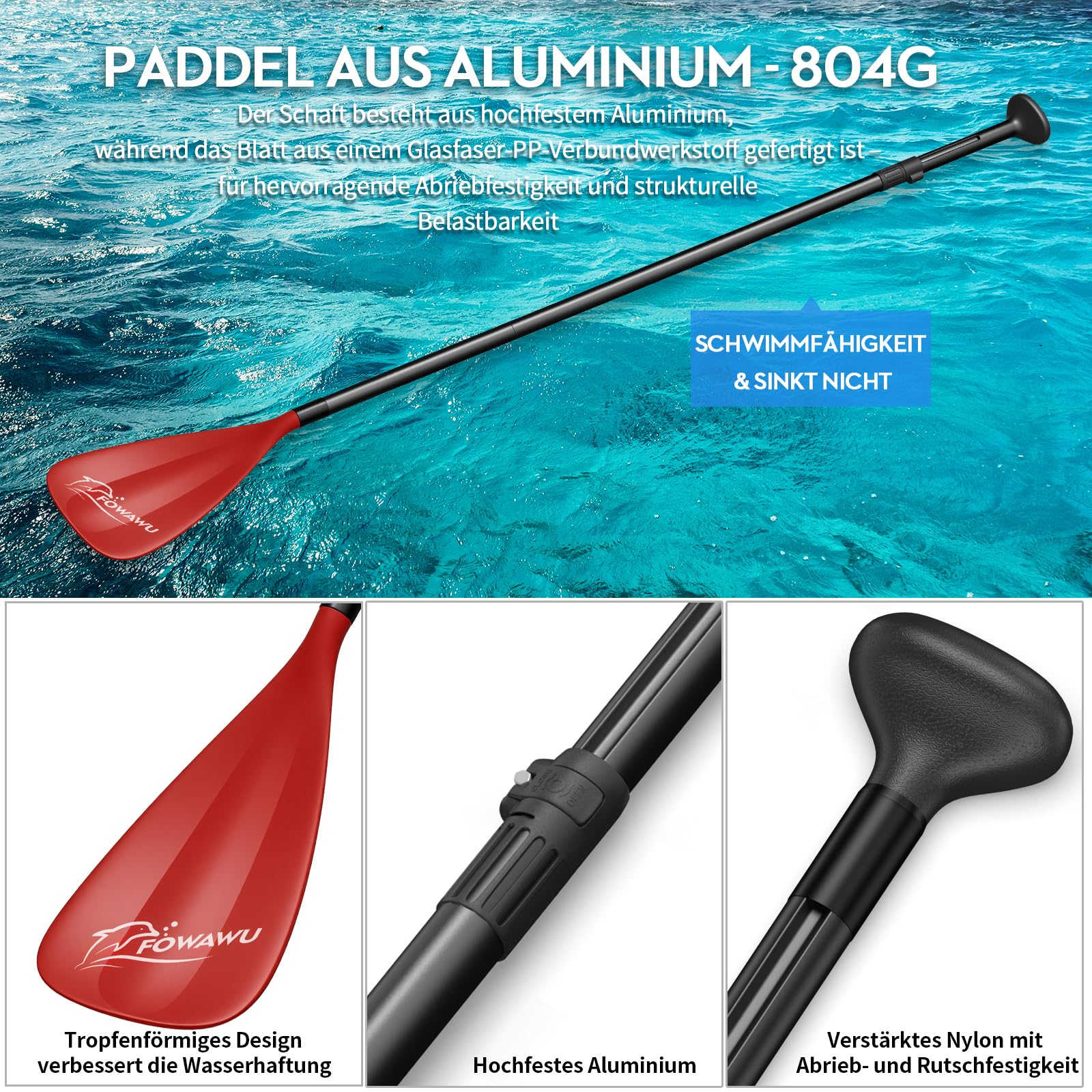 FOWAWU SUP Paddel Aluminium, 3teilig Stand Up Paddel verstellbar 160-210 cm, sehr leicht 804g paddel für Stand-up Paddling Surfboard Bootfahren Kanusport