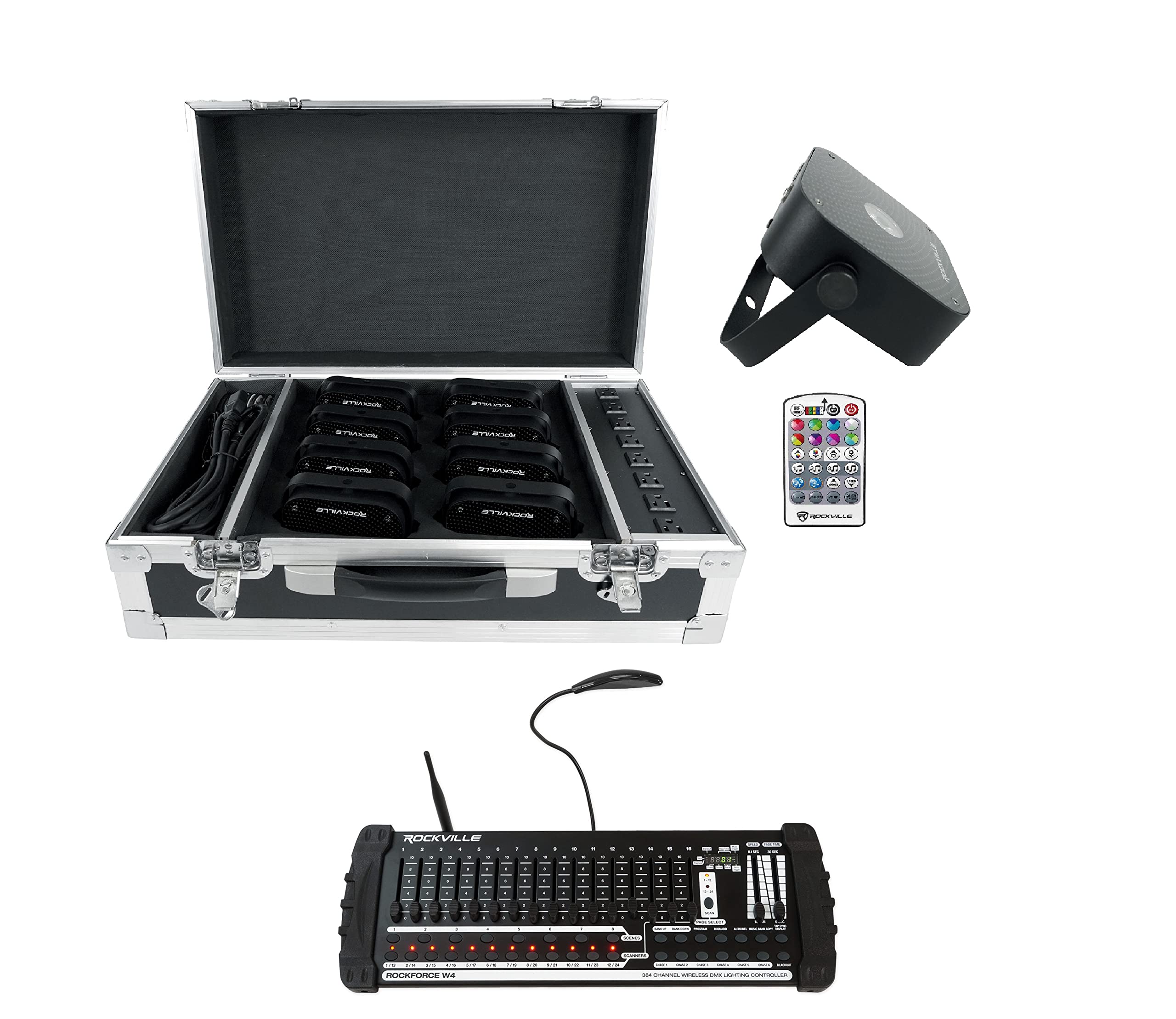 Rockville Bundle: (1) MINI RF1 V2 CHARGE PACKAGE (8) Battery DJ PAR Lights+Case+RF Remotes+(1) ROCKFORCE W4 384 Ch Wireless DMX Lighting Light Controller+MIDI (2 Item)