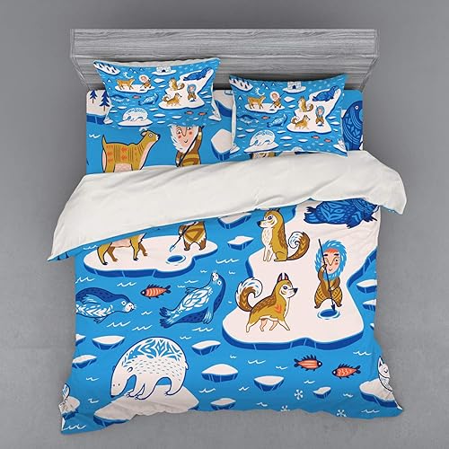Lunarable North Pole Bedding Set, Cartoon Illustrations of Arctic Elements and Eskimos Scandinavian Pattern, 4 Piece Duvet Cover Set with Shams and