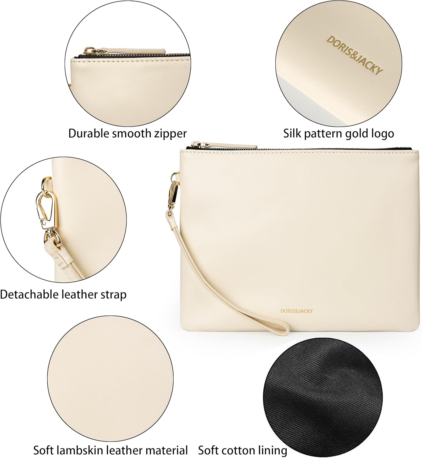 DORIS&JACKY Lambskin Leather Wristlet Clutch Purse for Women Soft Designer Slim Cell Phone Pouch Bag with Detachable Strap - Image 3