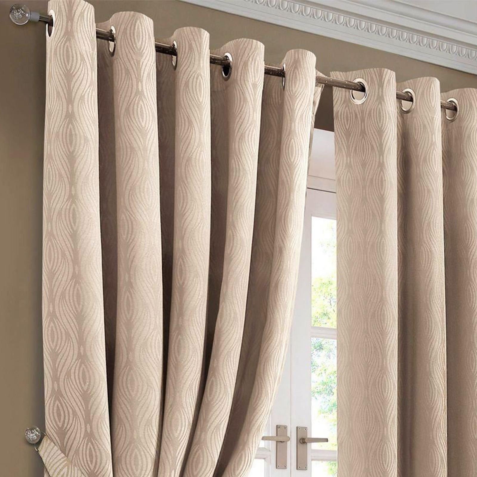 Nimsay Home Luxury Waves Jacquard Pair of Eyelet Ring Top Curtains Fully Lined Thermal Curtains with Tiebacks - 90"x72" - Taupe