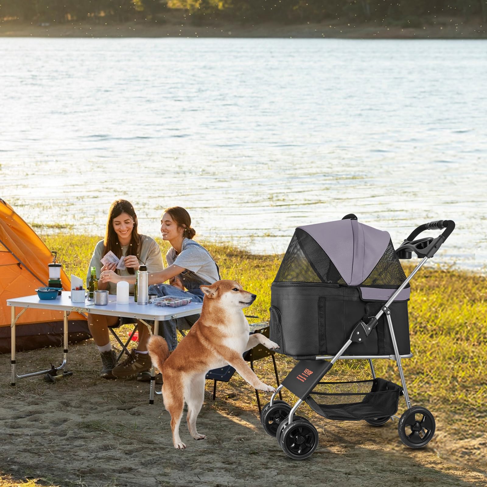 VEVOR Cochecito para Mascotas Capacidad de 16 kg Carrito Plegable para Perros de 4 Ruedas con Portabebés Desmontable Ventana de Malla Tela Oxford 600D con Freno para Mascotas Pequeñas Medianas