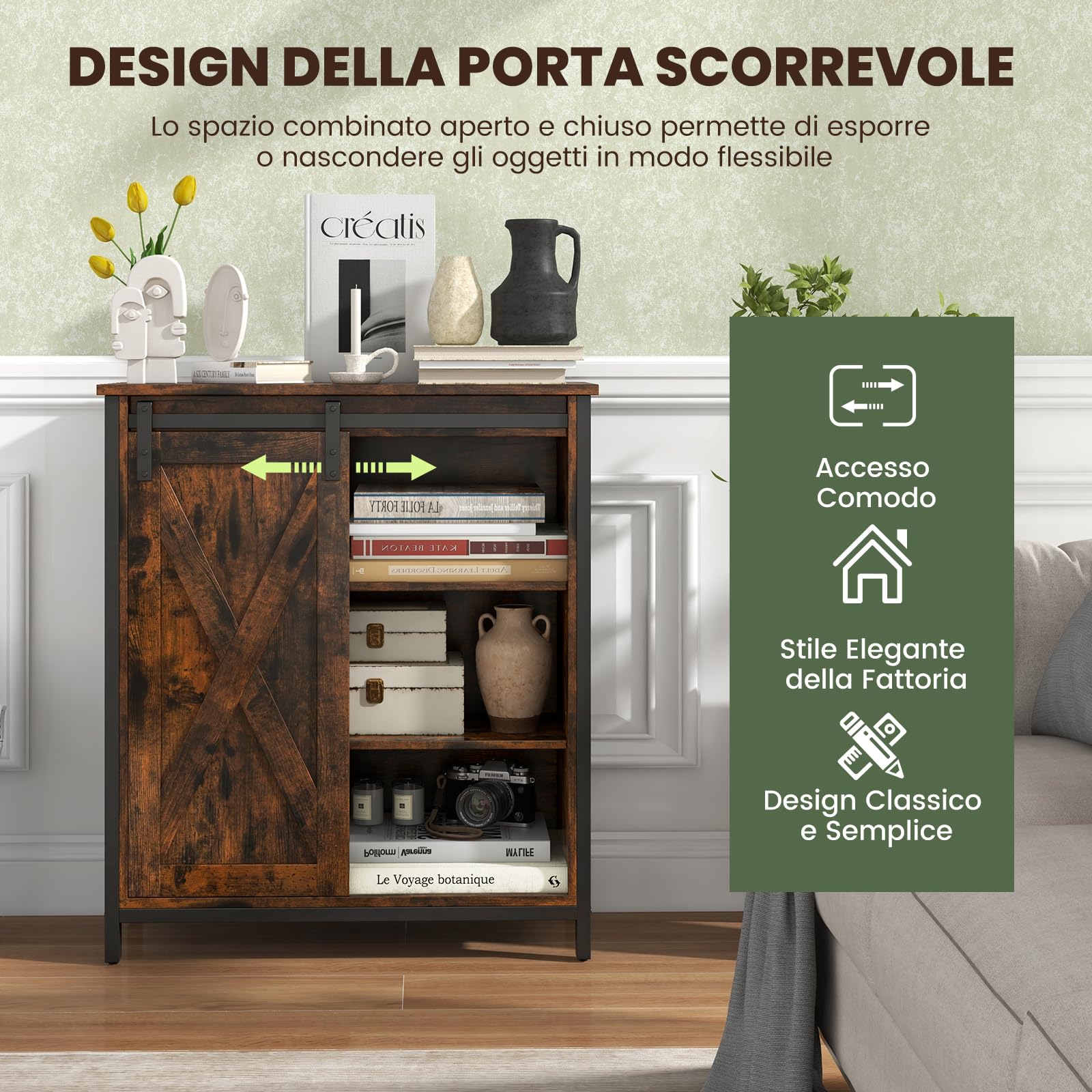 RELAX4LIFE Credenza a Buffet con Anta Scorrevole, Mobile da Cucina con 4 Ripiani Regolabili, Kit Anti-ribaltamento, Mobile Bar in Stile Rustico per Soggiorno, Sala da Pranzo e Ingresso