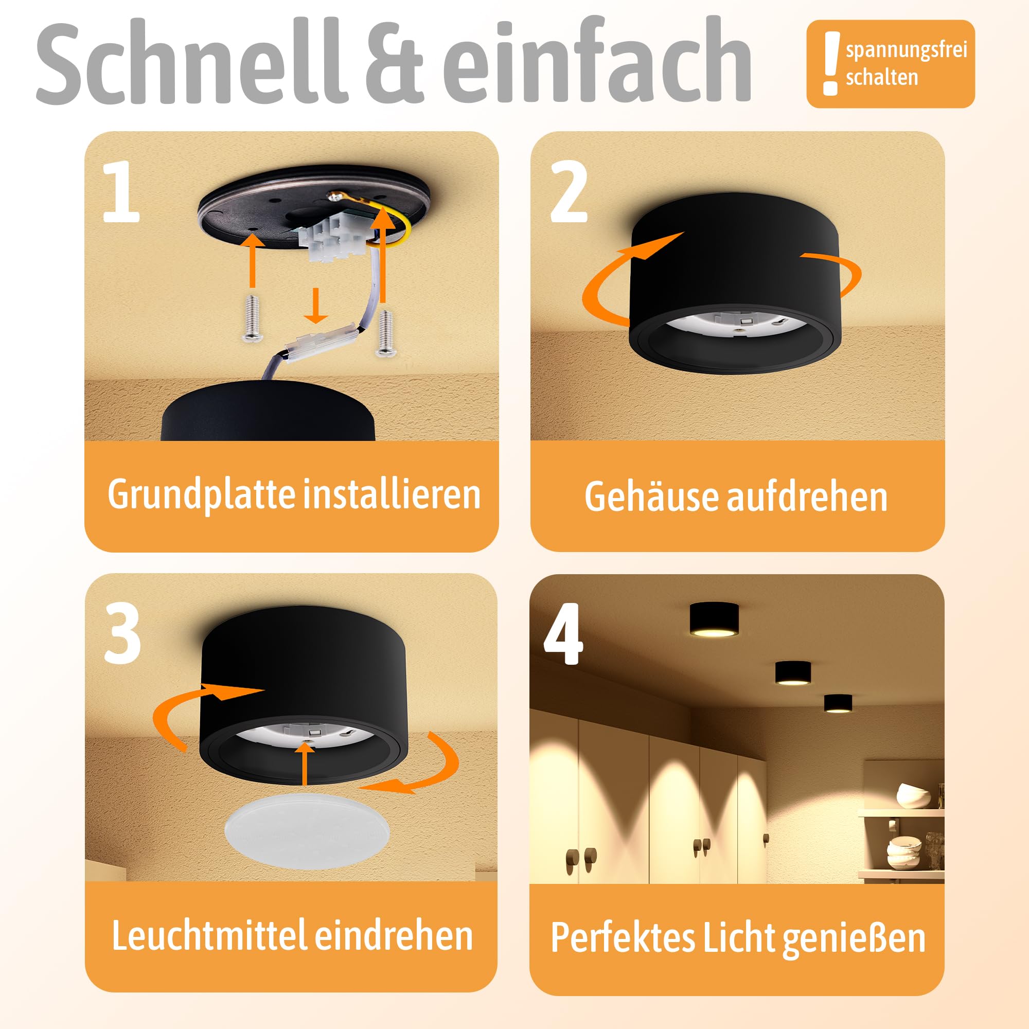 SSC-LUXon 4 Stück CELI-X Aufbauleuchte LED flach mit schöner Lichtfläche - LED GX53 warmweiß 3W 230V - Decken Aufbauspot weiß rund
